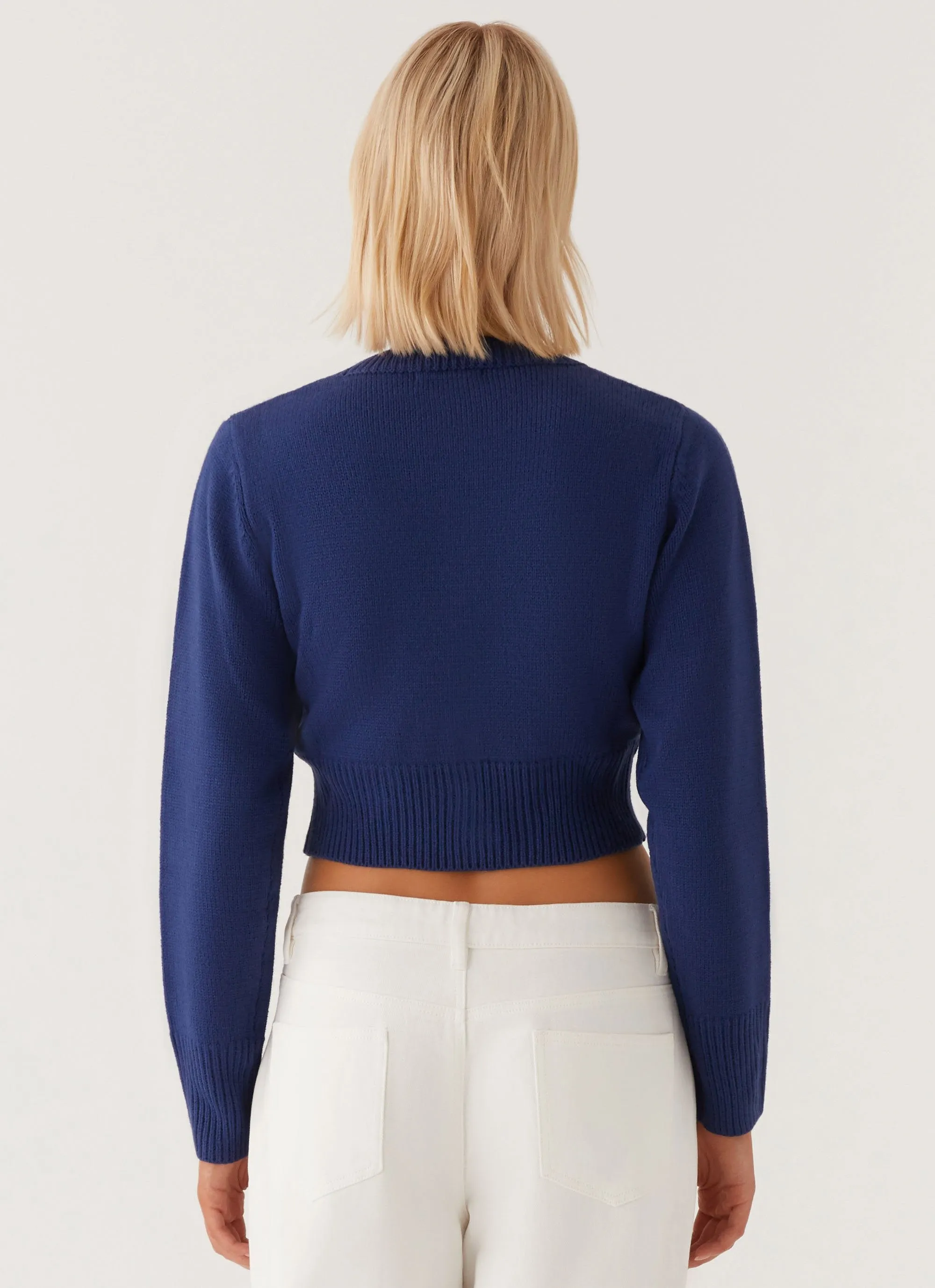 Button Down Collar Style Flatlock Stitching Technique Everest Knit Cardigan - Navy