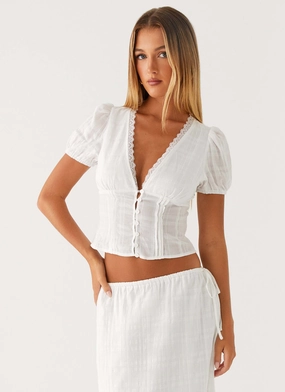 DoubleStitched Hem Stretch Knit Fabric Sweet Lullaby Button Up Shirt - White