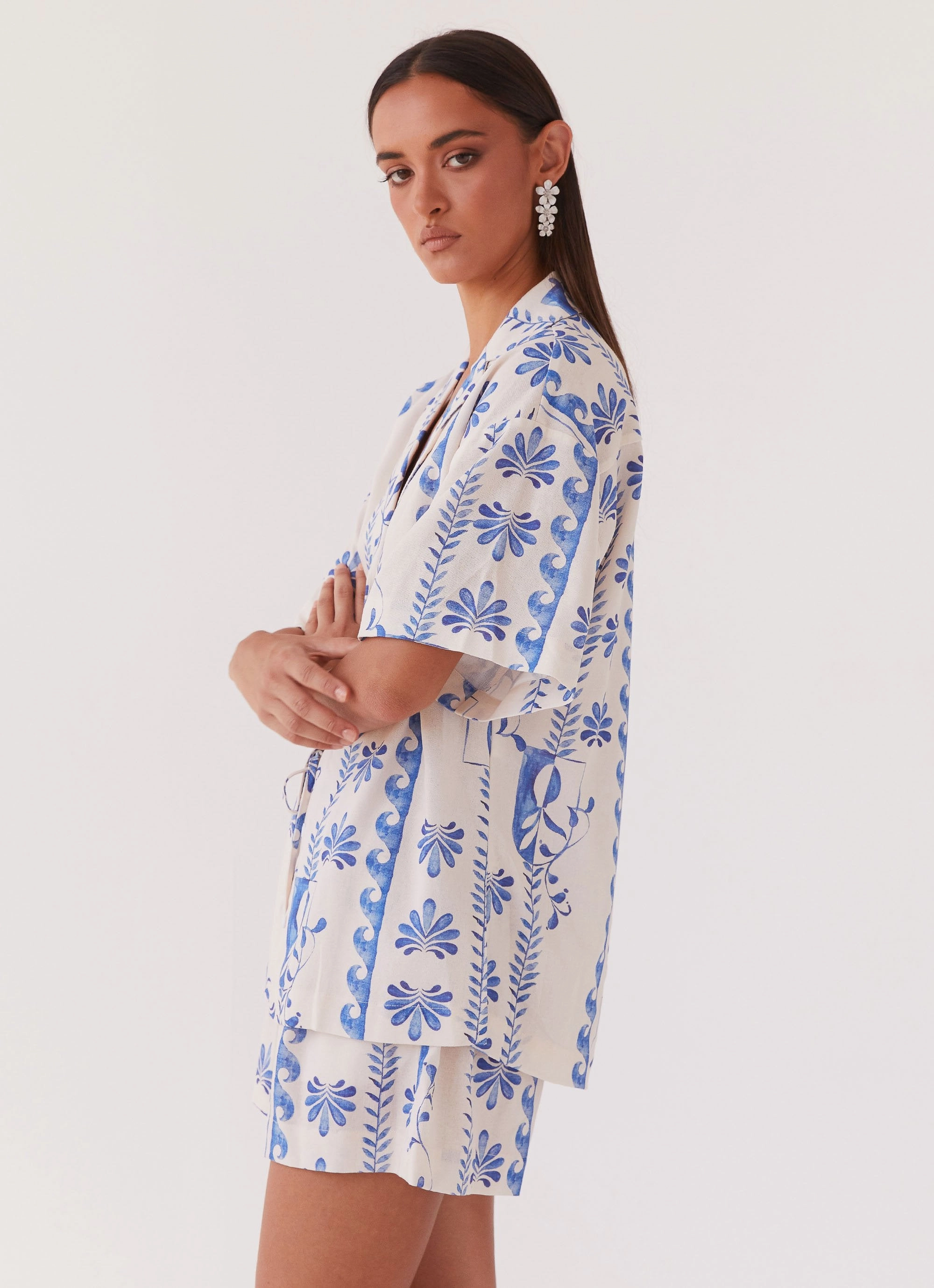 Sweet Relief Linen Oversized Shirt - Floral Wave Wind Blocking Fabric