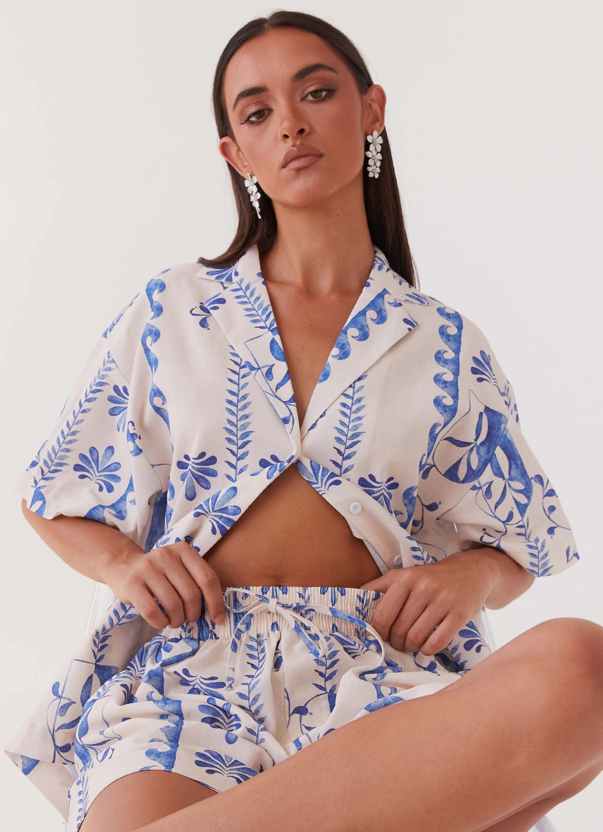 Heat Tech Fabric Sweet Relief Linen Oversized Shirt - Floral Wave