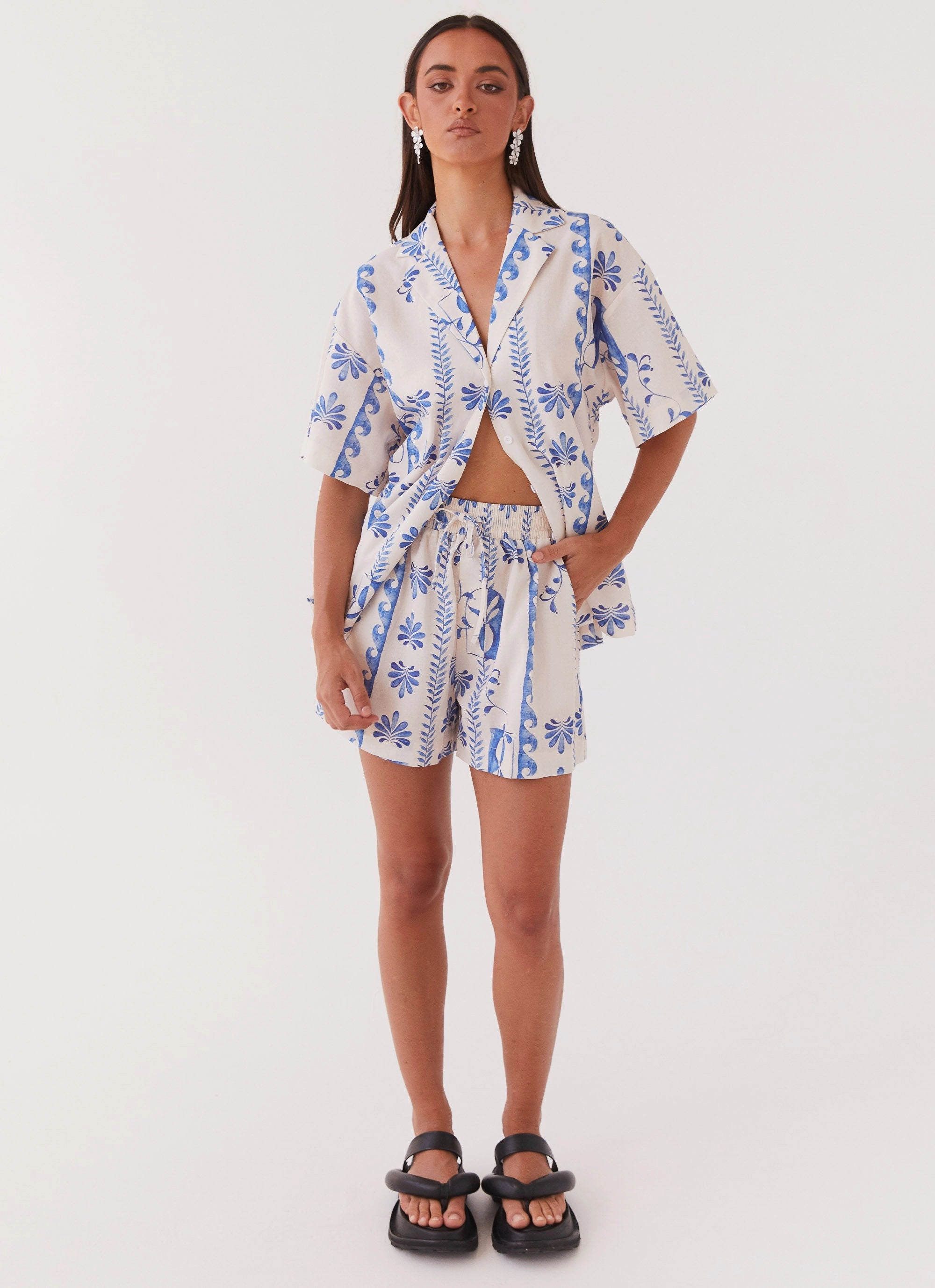 Sweet Relief Linen Oversized Shirt - Floral Wave Snow Block