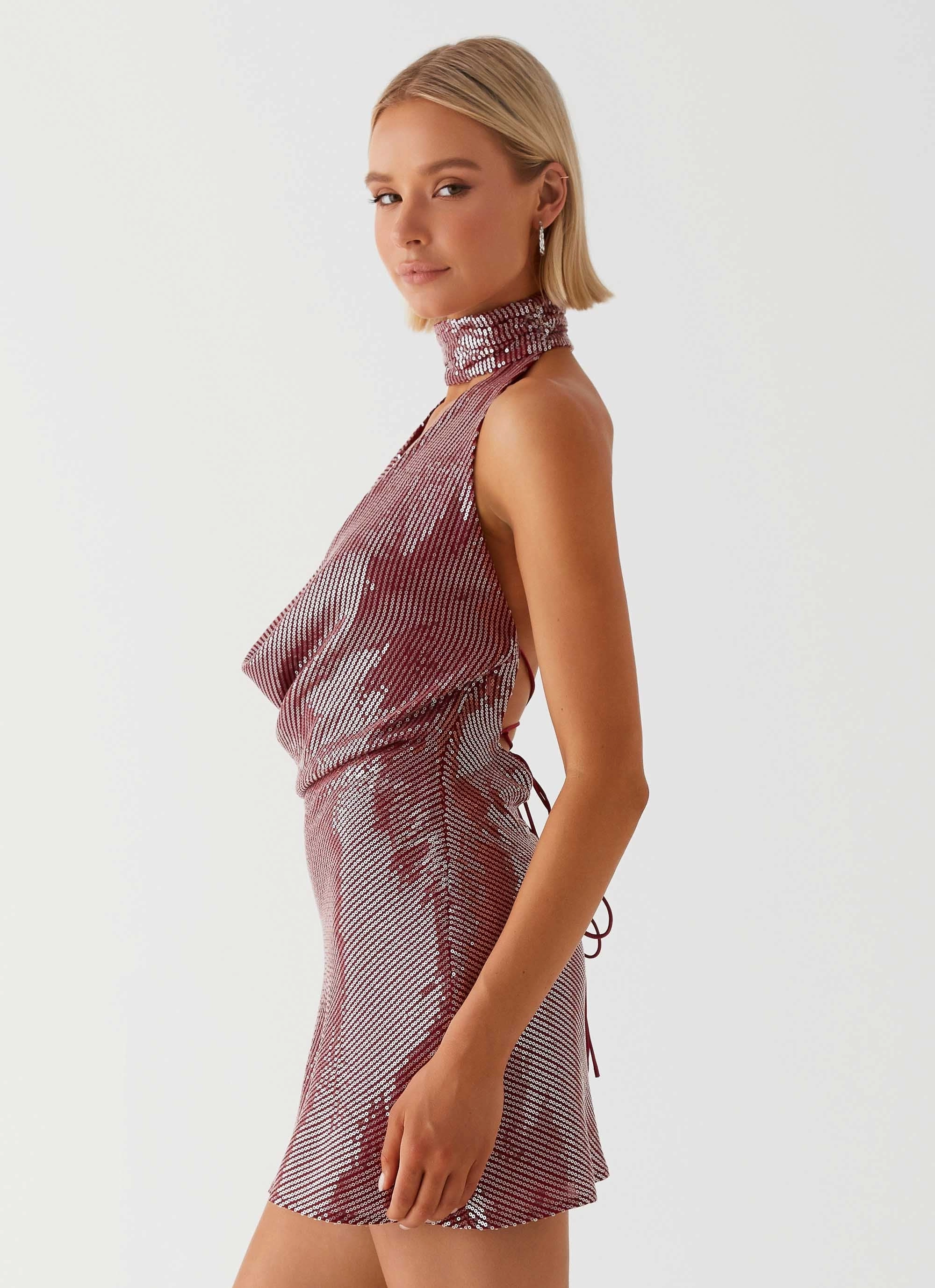 Nora Sequin Cowl Neck Mini Dress - Red Odor-Control