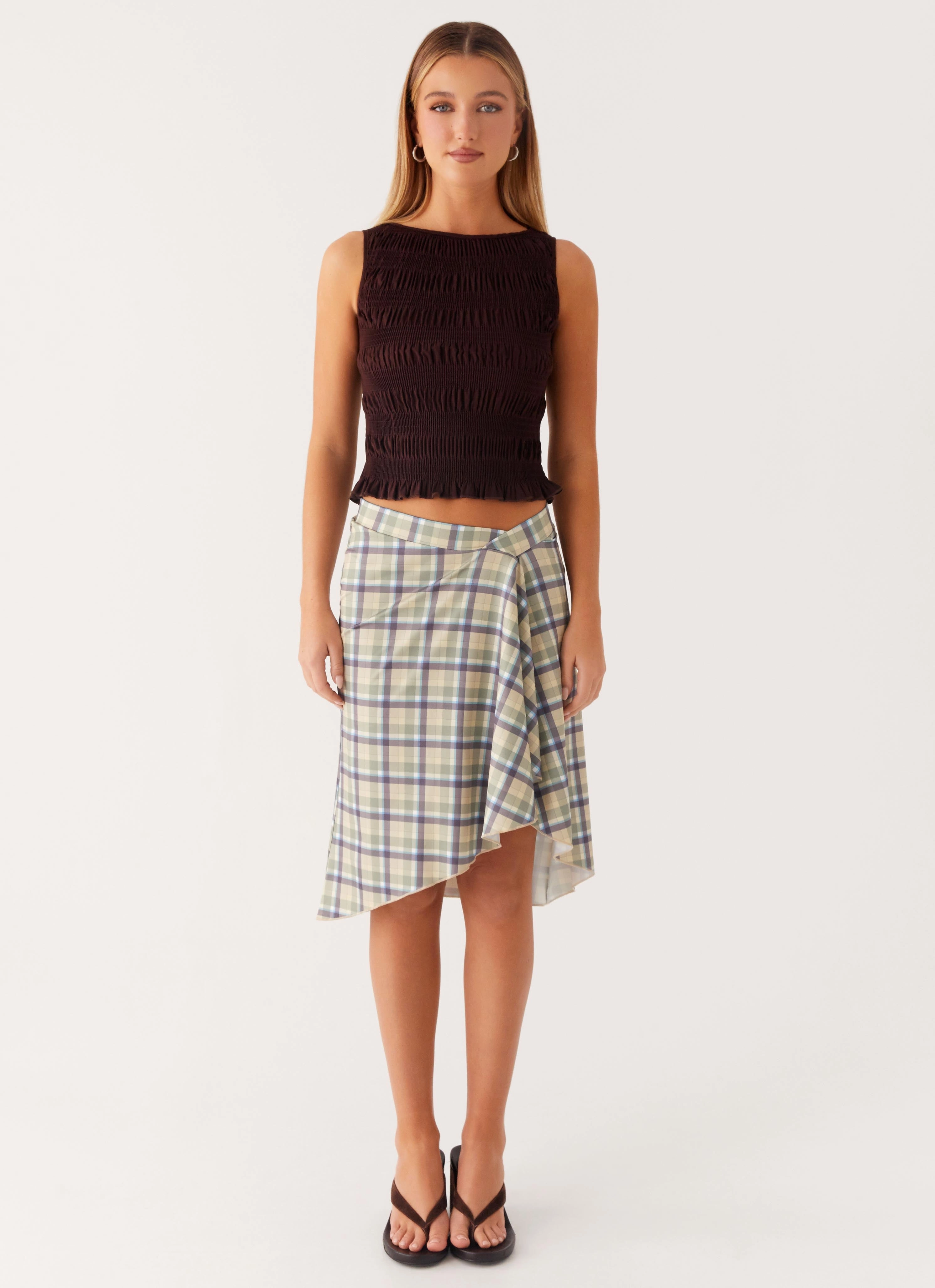 Shes A Lady Midi Skirt - Cedar Check HighRiseWaist
