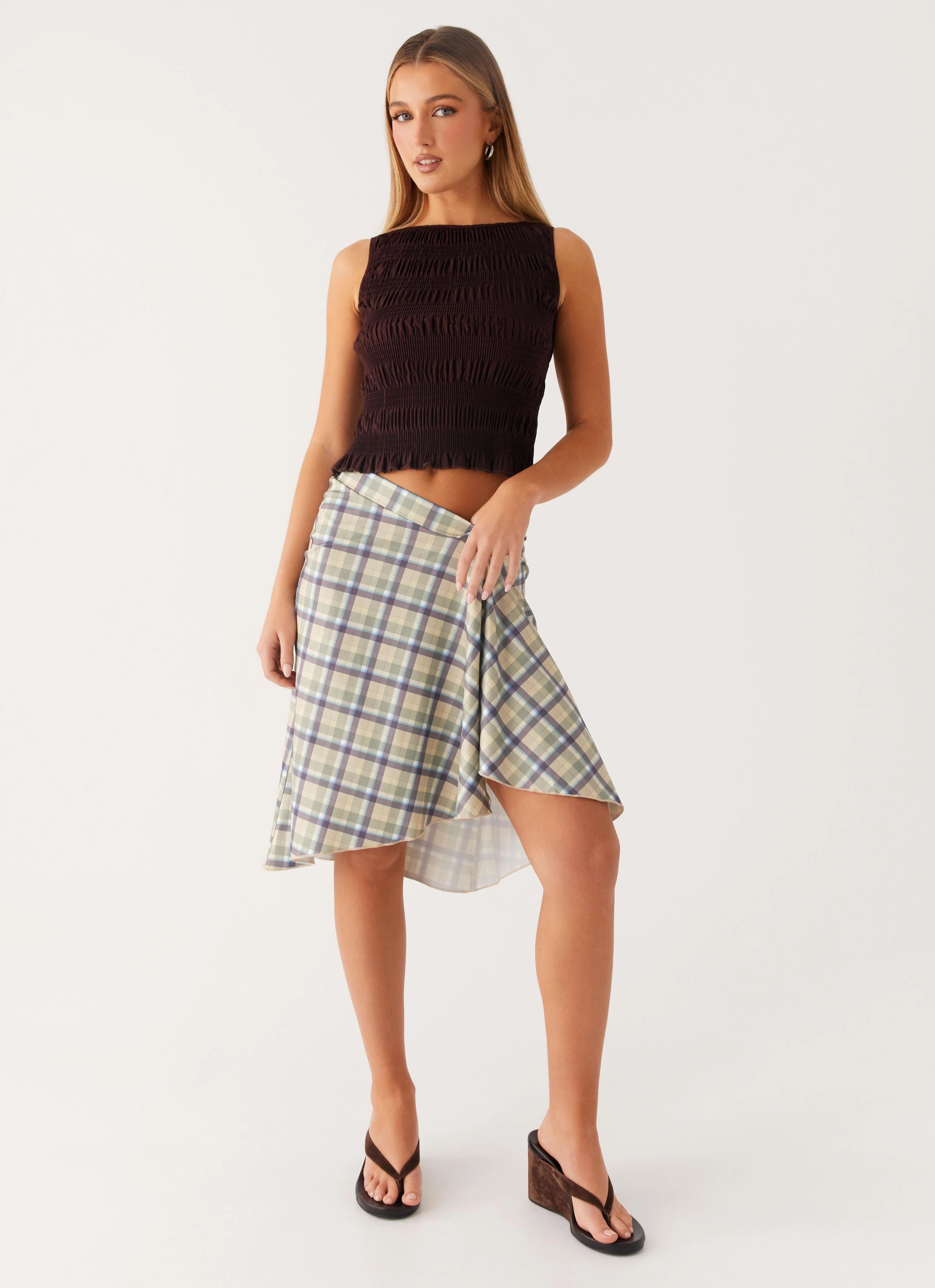 Shes A Lady Midi Skirt - Cedar Check Outdoor Friendly