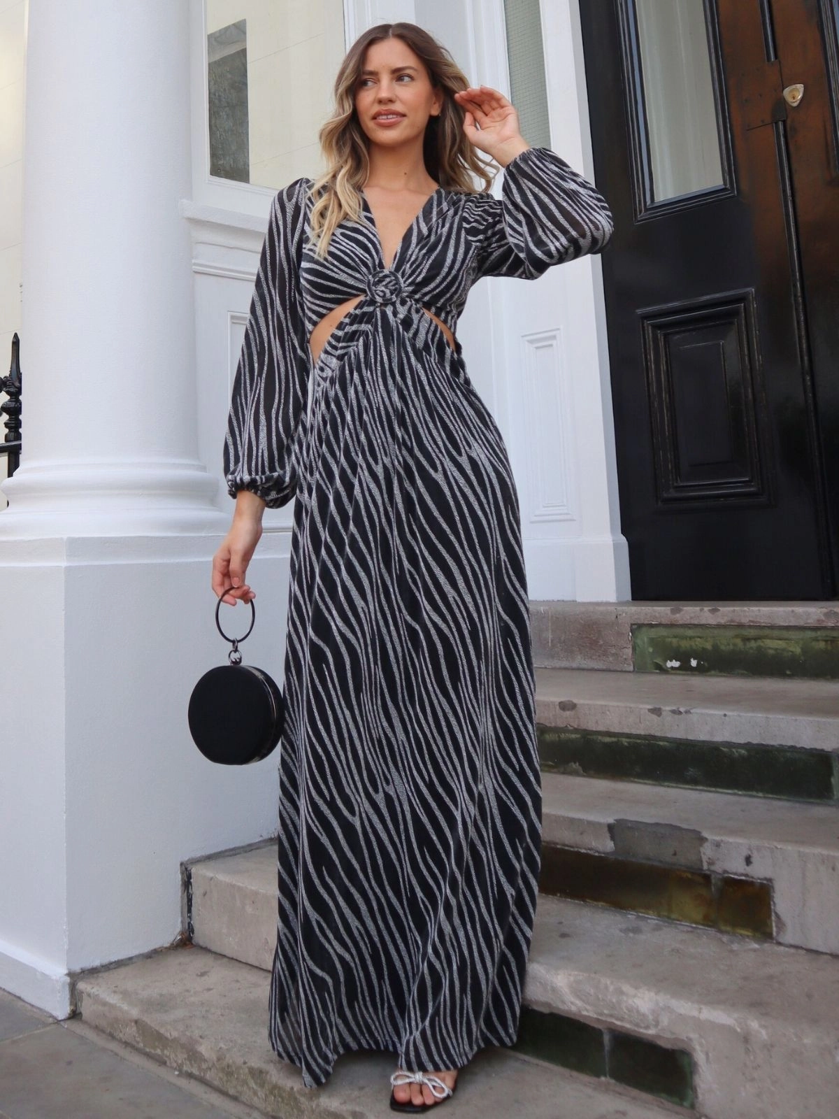 Layerable Piece Flattering Silhouette Wear Tami Cut Out Maxi Dress / Metallic Zebra