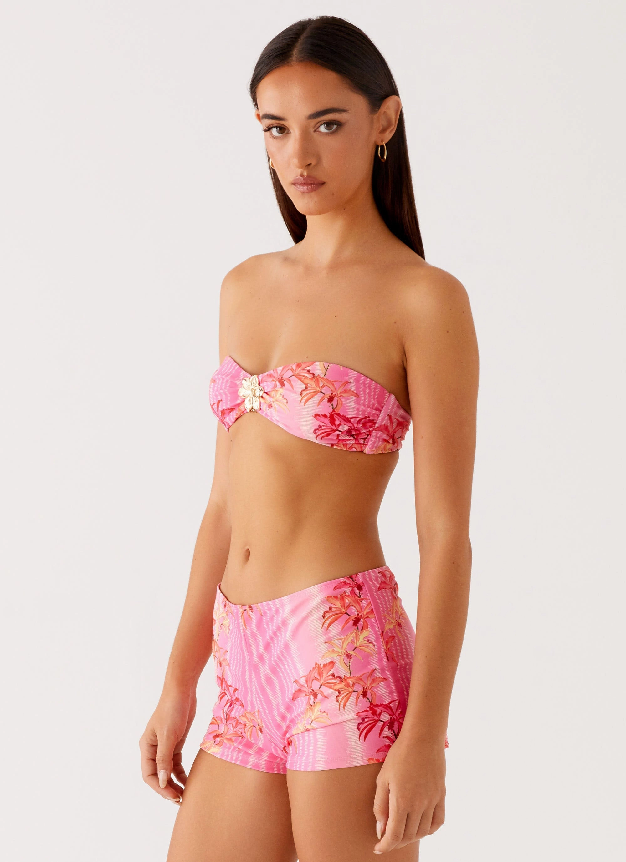 Tamra Strapless Bikini Top - Tropical Pink Print Quick Dry Technology