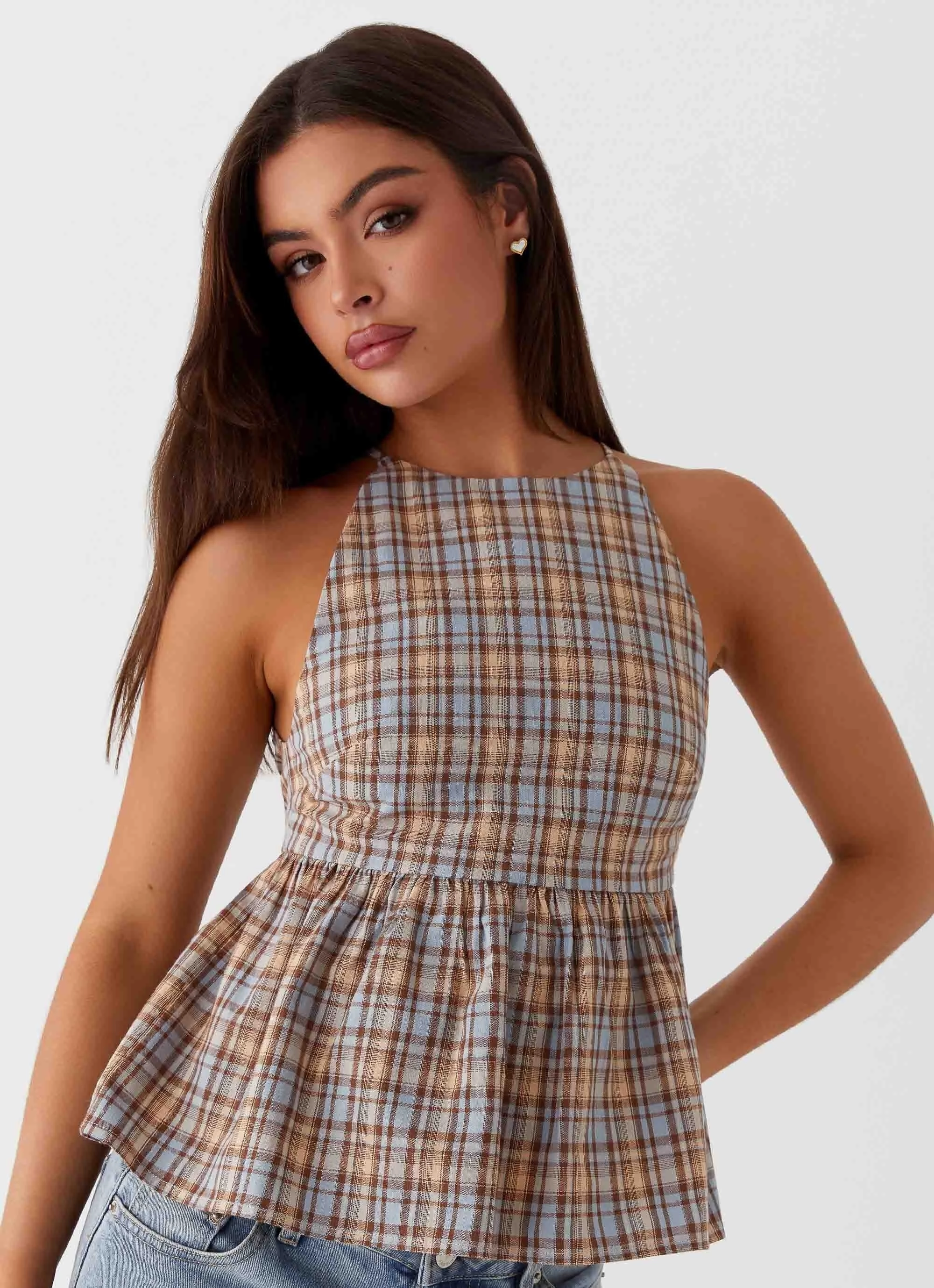 Unstructured Silhouette Tanith Ruffle Top - Brown Check