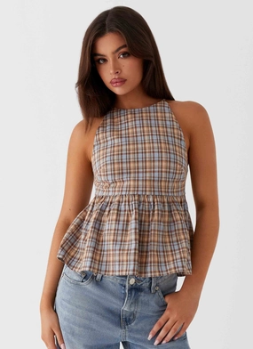 Tanith Ruffle Top - Brown Check Street Style