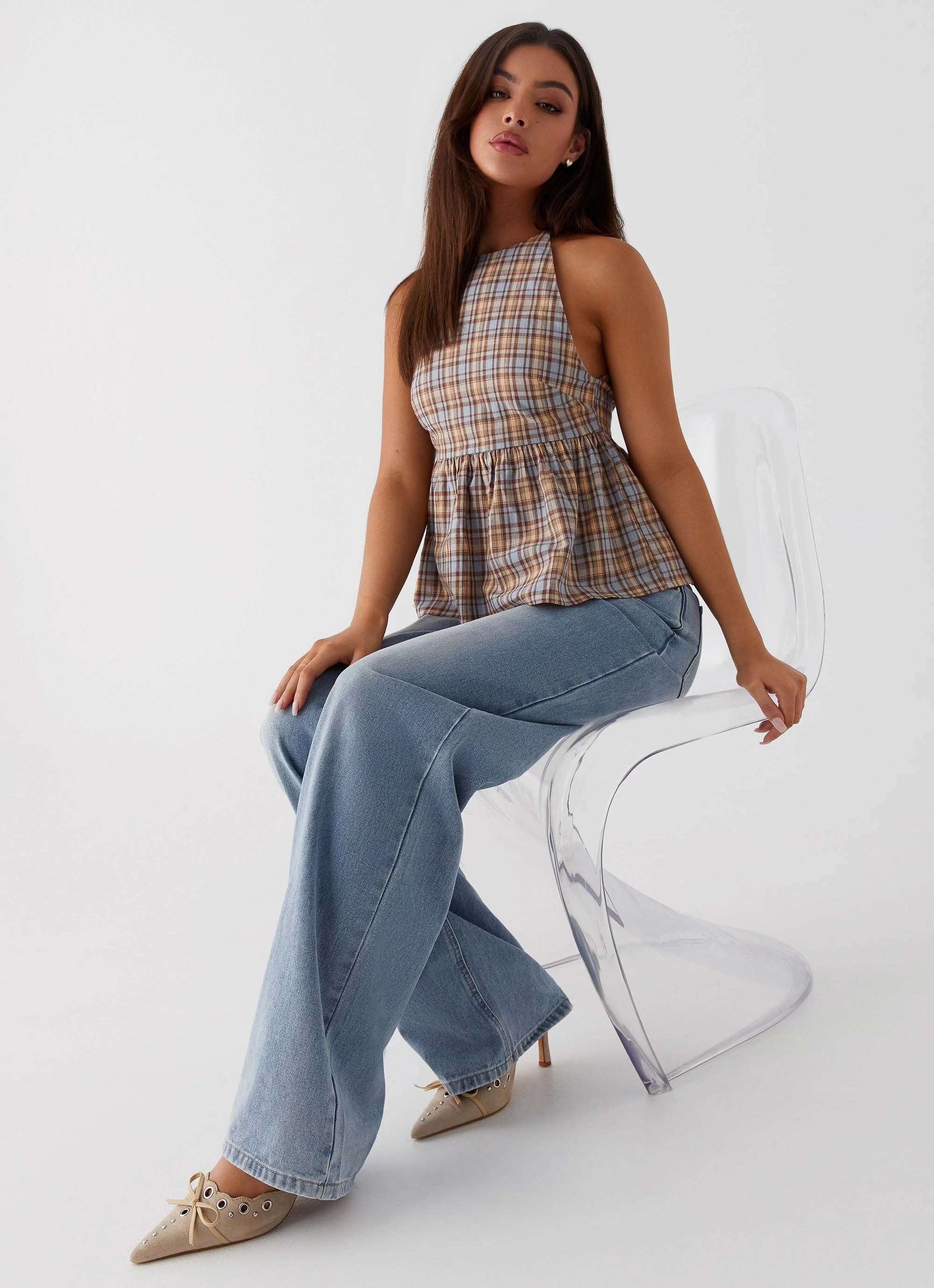 Tanith Ruffle Top - Brown Check AdjustableDrawstring Textured Weave Pattern