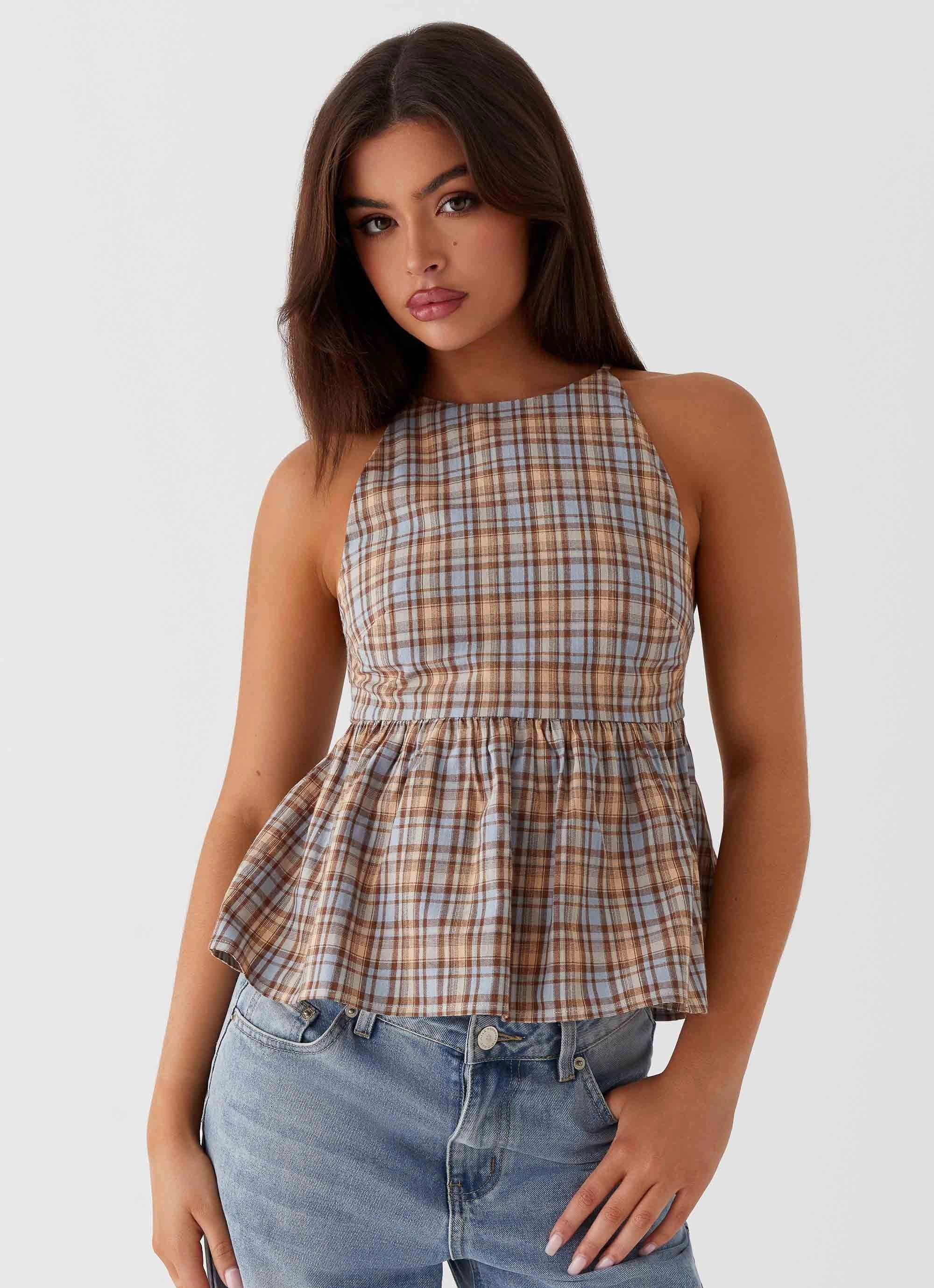 Tanith Ruffle Top - Brown Check Street Style