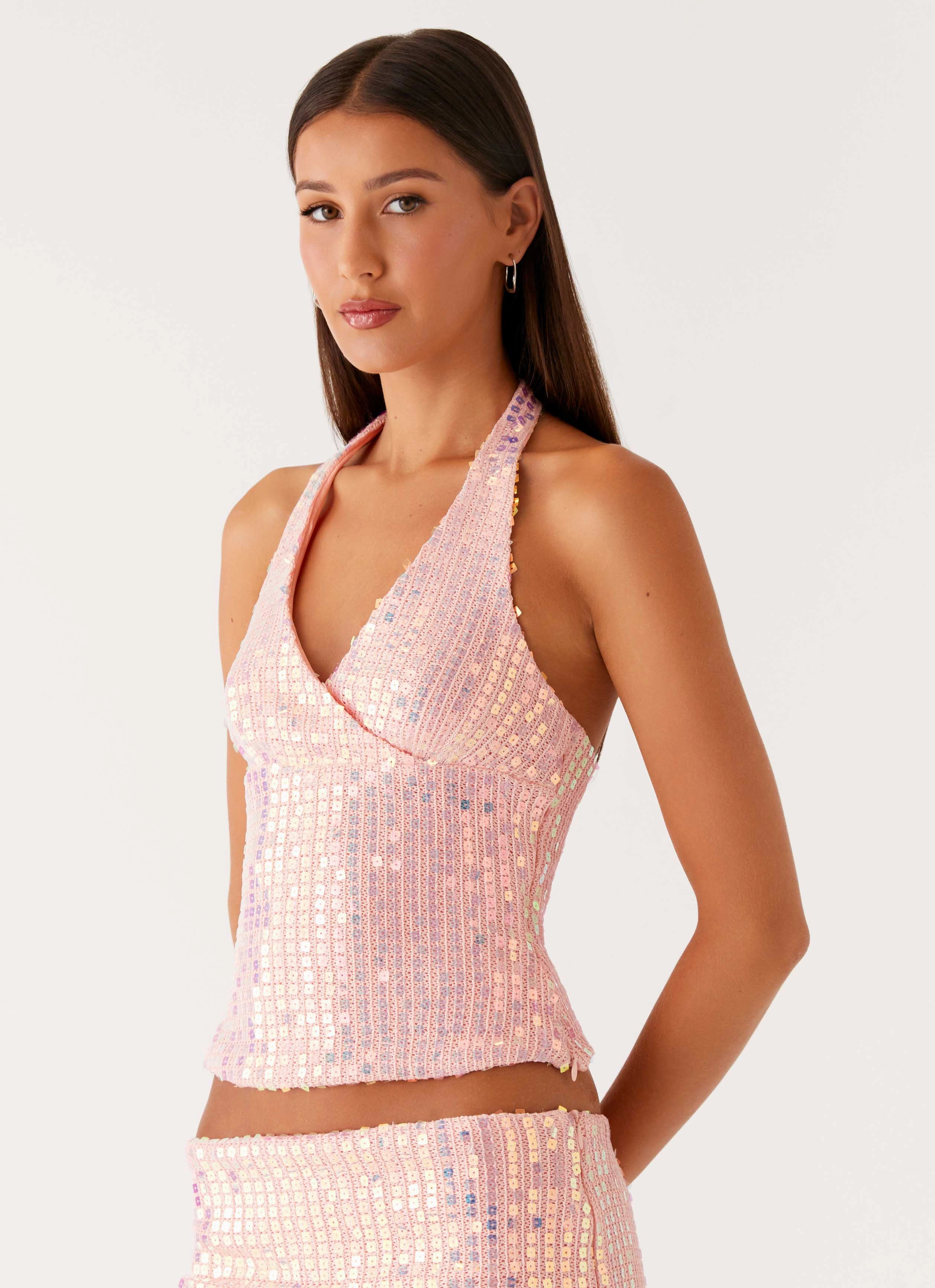 Convertible styles Been That Girl Halter Knit Sequin Top - Iridescent Pink