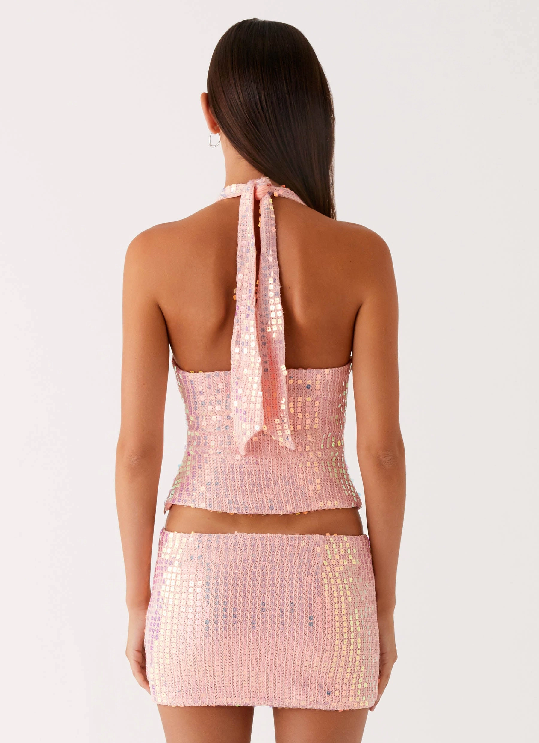 Moisture Wicking Lining Transitional City Fit Been That Girl Halter Knit Sequin Top - Iridescent Pink