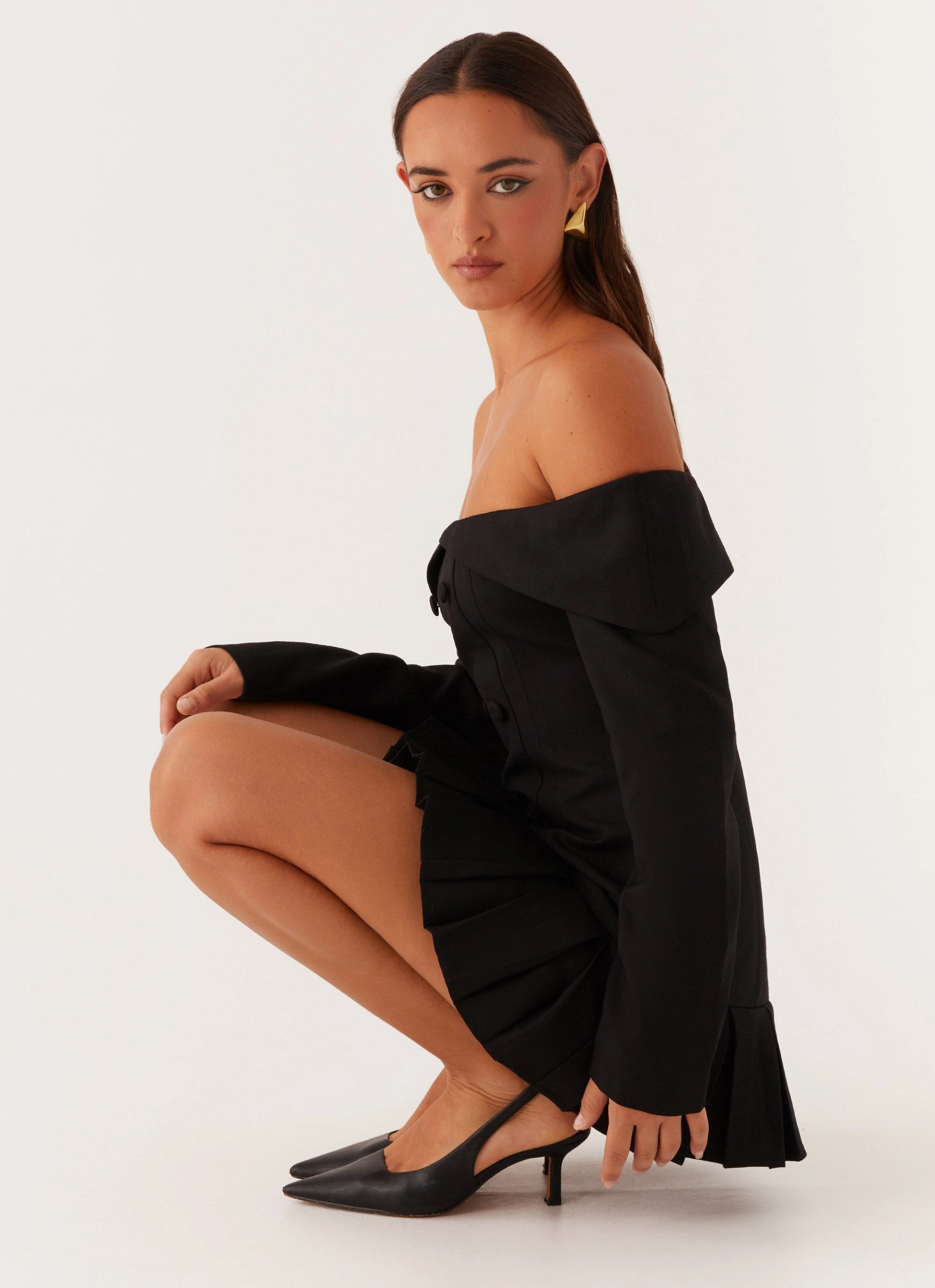 garden wedding Texture Edge Tarlisha Off Shoulder Long Sleeve Mini Dress - Black