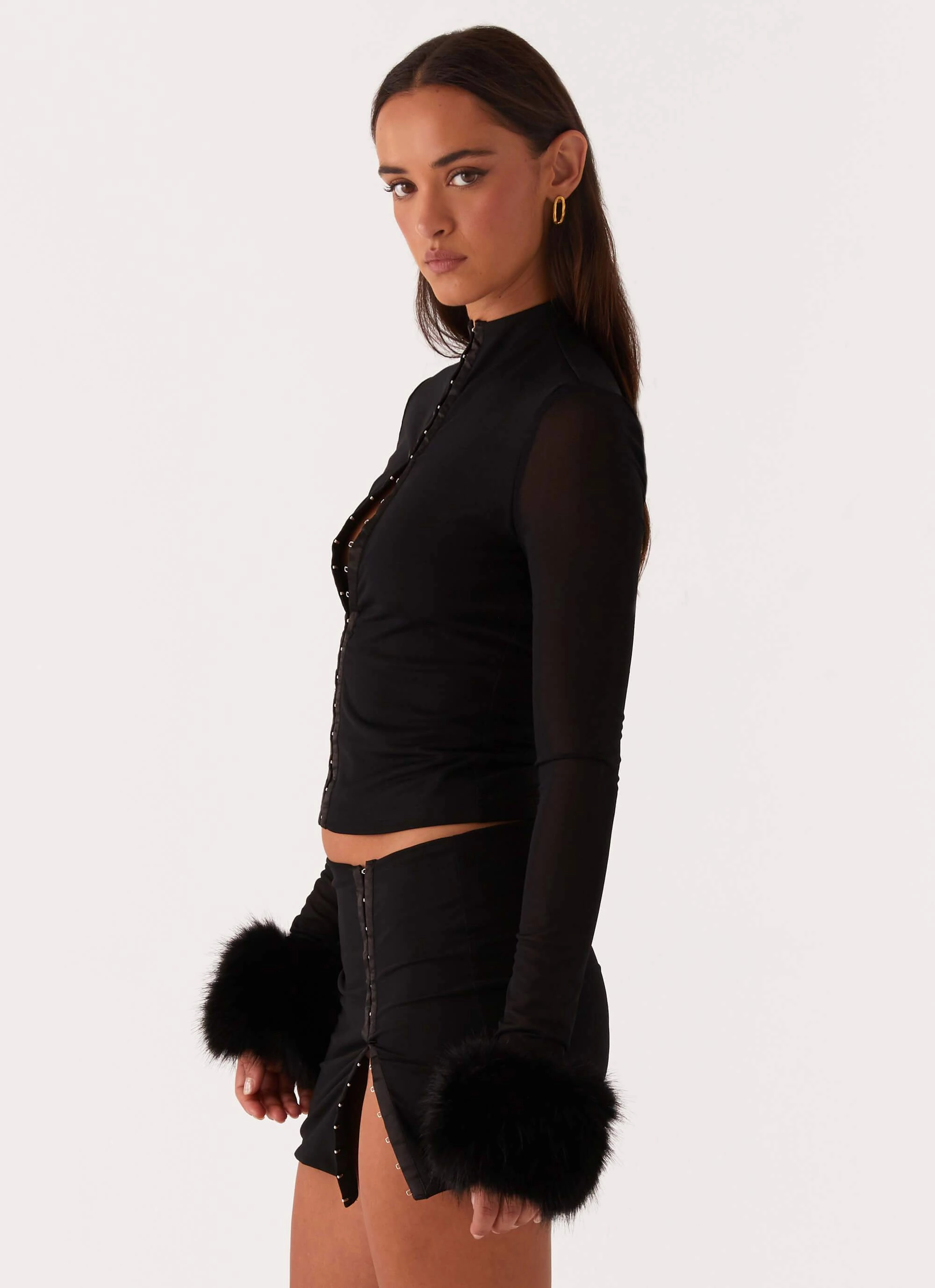 Tayanna Fur Trim Long Sleeve Top - Black Casual Tank PreWashed