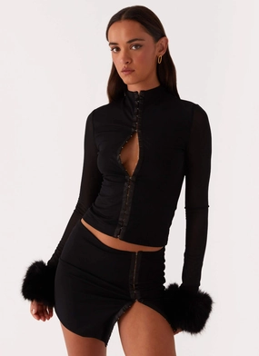 Tayanna Fur Trim Long Sleeve Top - Black FlexibleSole