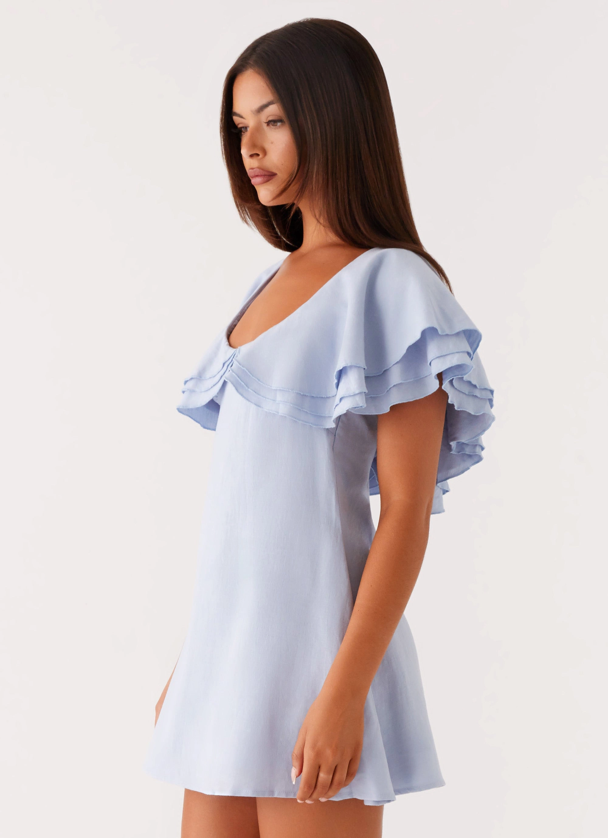 Shiny Zip Drape Wave Taye Linen Mini Dress - Blue