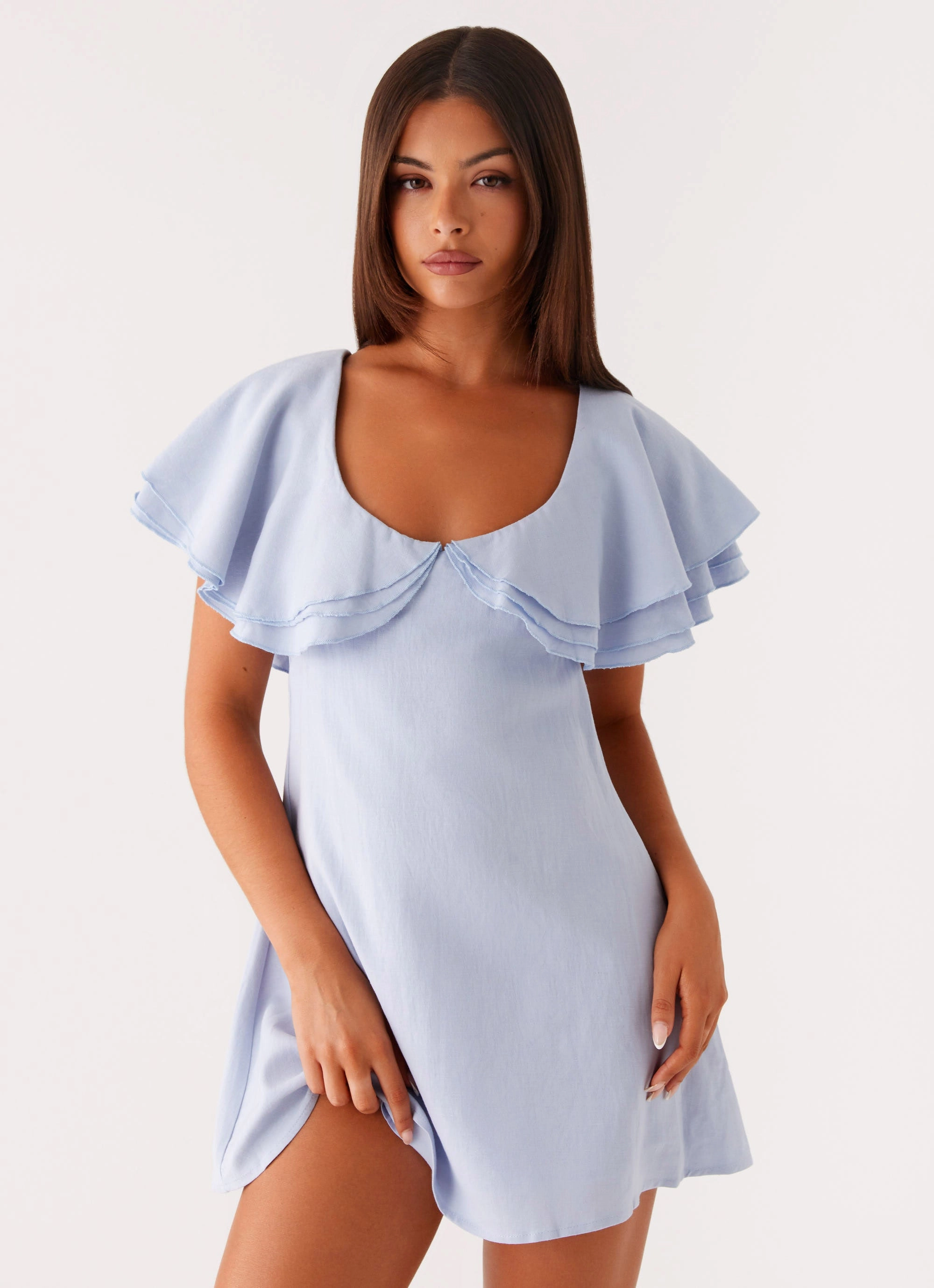 Taye Linen Mini Dress - Blue Subtle Drape Vibrant fit