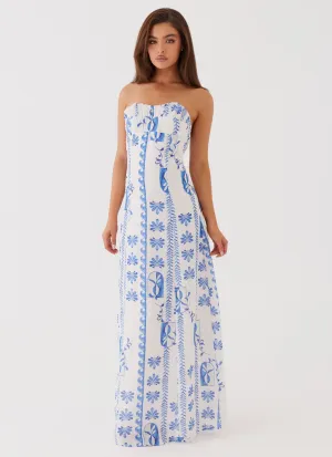 Tayla Linen Maxi Dress - Floral Wave Sophisticated Waistband Fit
