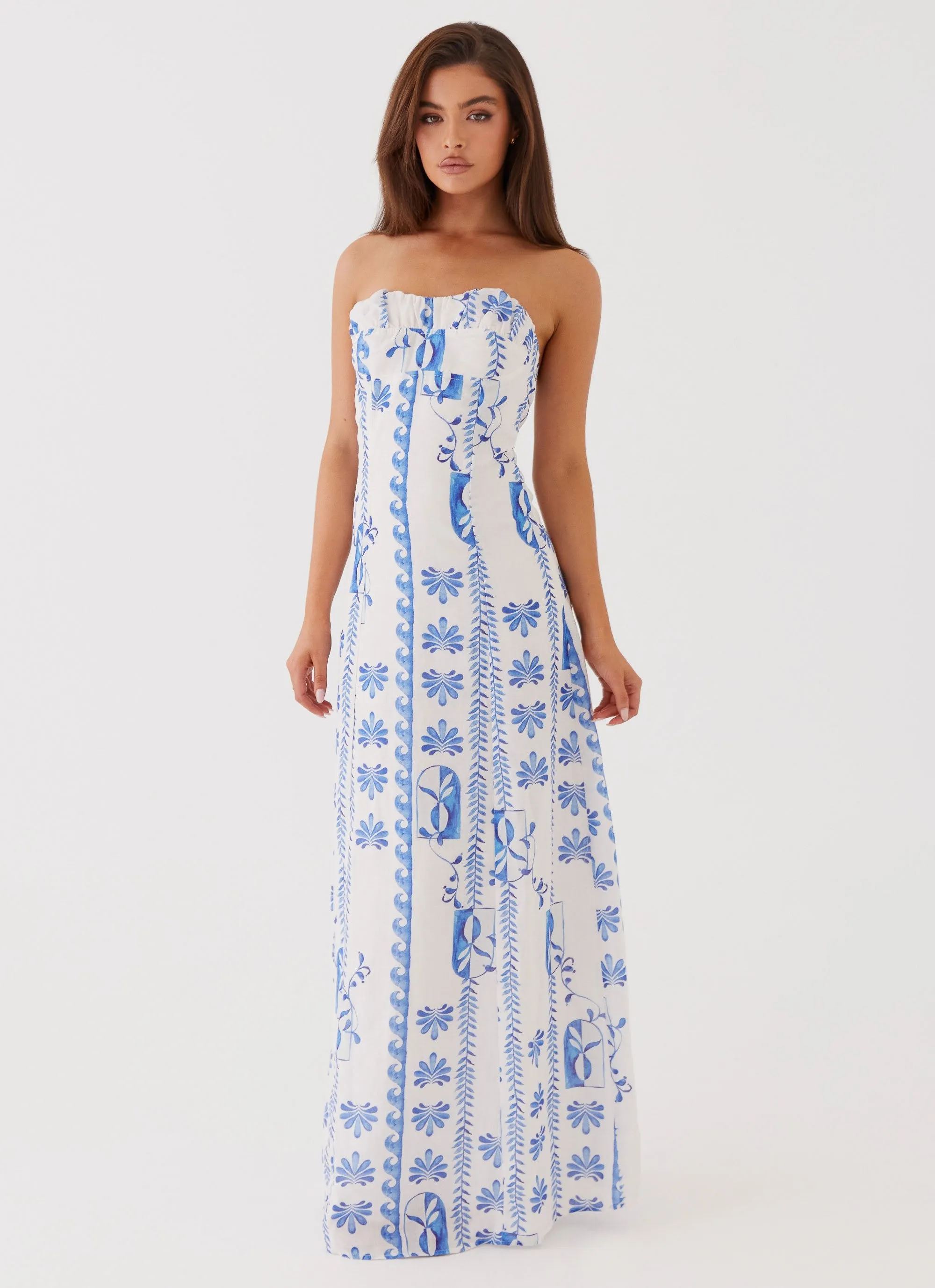 Tayla Linen Maxi Dress - Floral Wave Sophisticated Waistband Fit