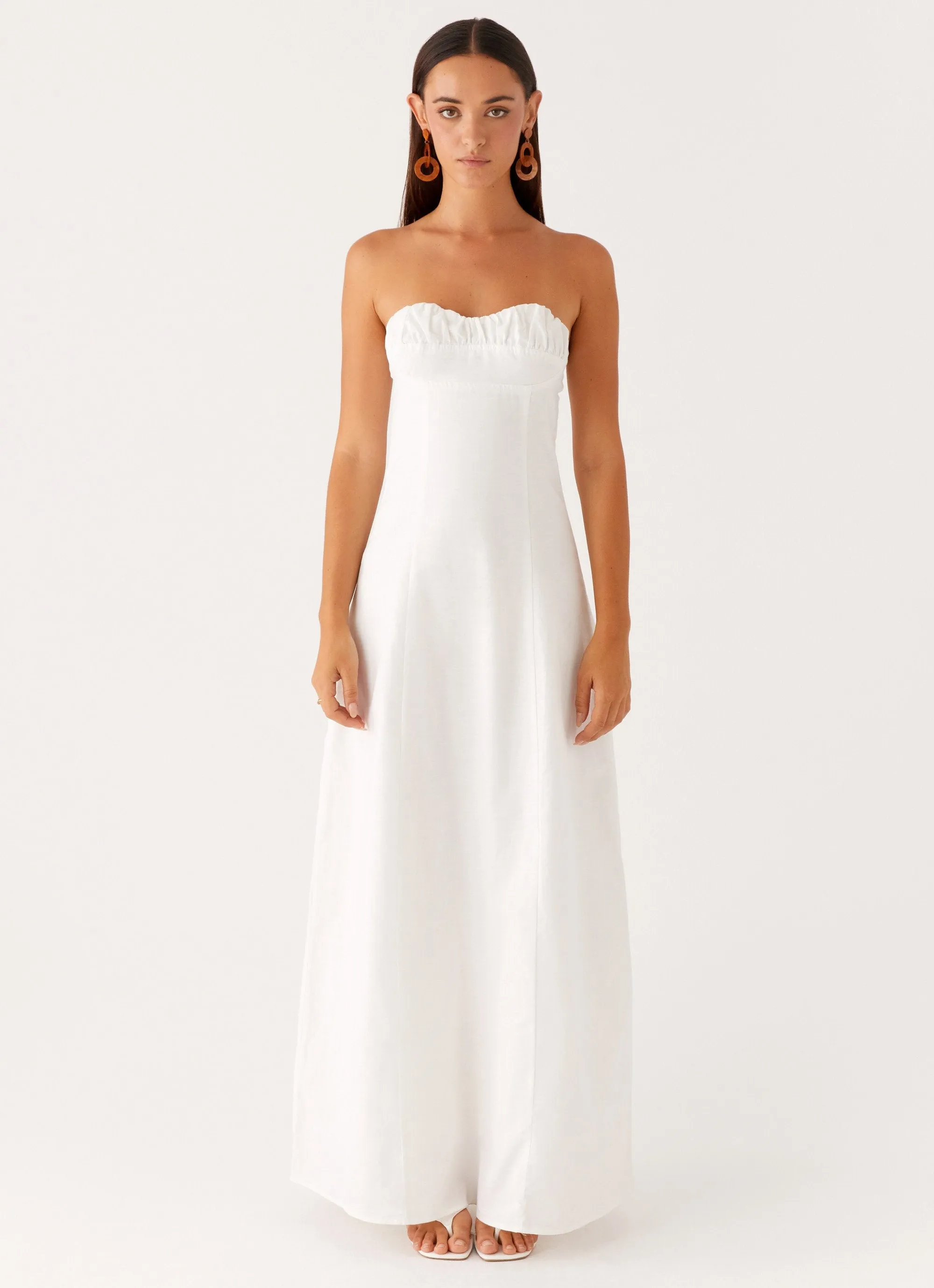 Tayla Linen Maxi Dress - White Fringe-Detail Travel-Pack