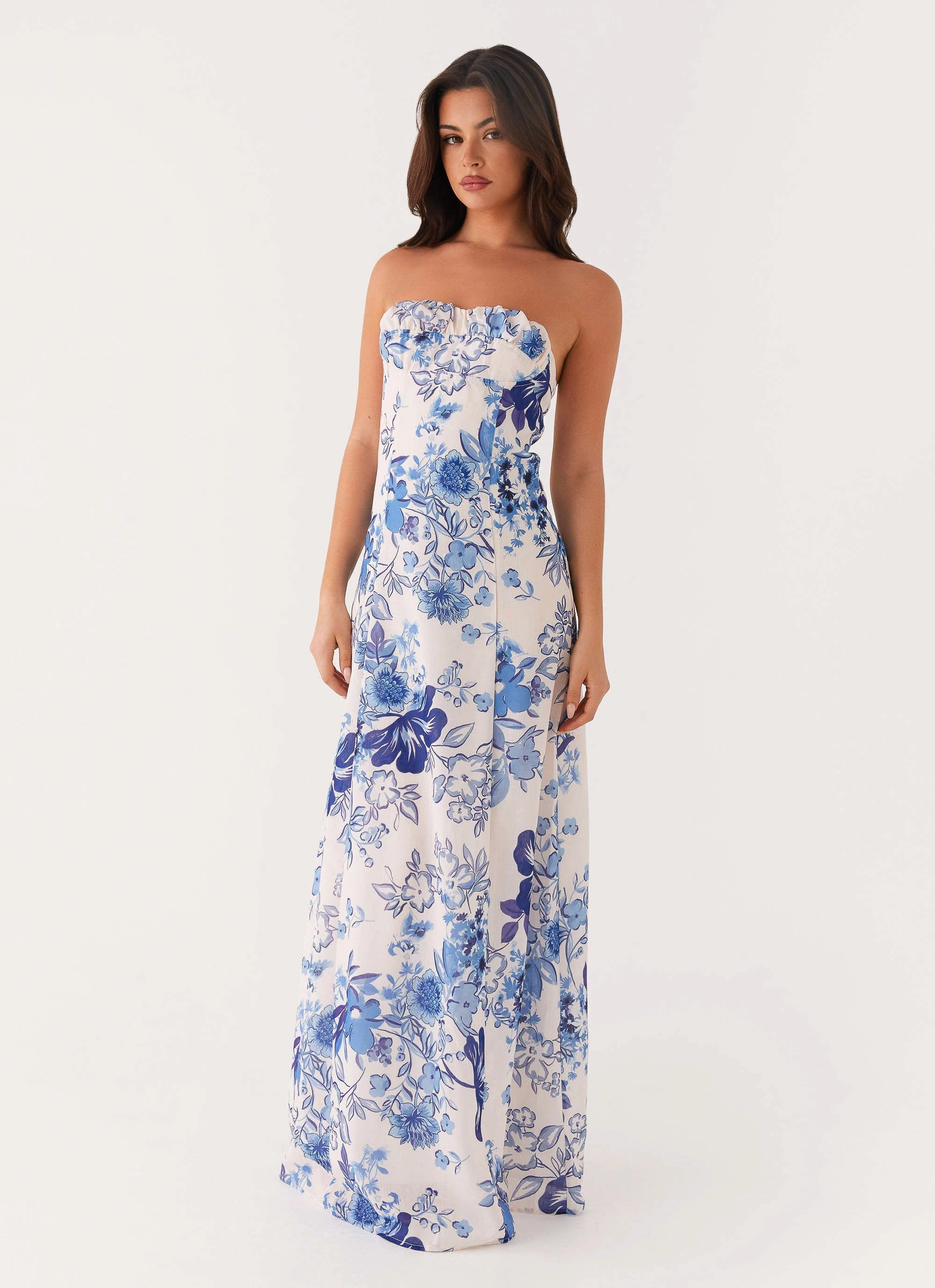 Tayla Linen Maxi Dress - Serene Sky Floral Versatile Design