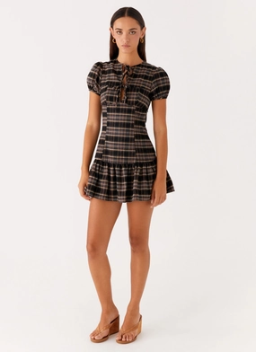 Taylor Keyhole Mini Dress - Brown Check Grace Glow Vibrant Style