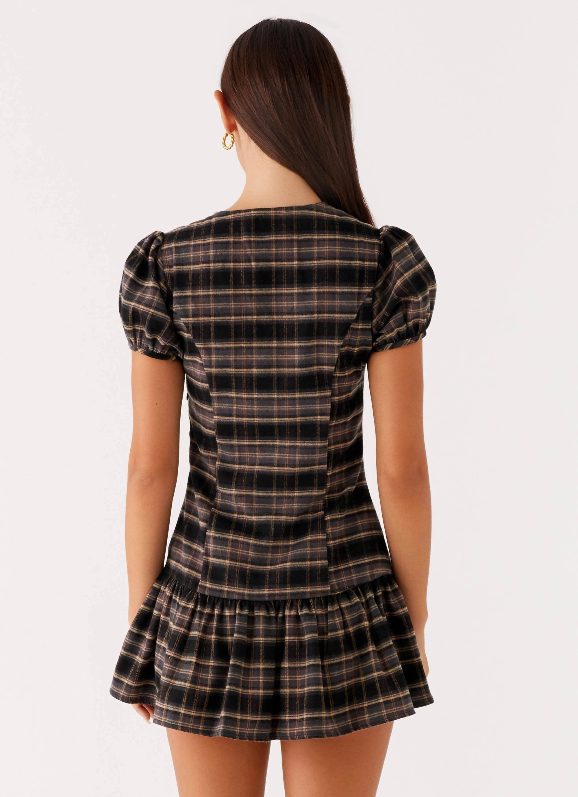 Autumn Mood Breathable Taylor Keyhole Mini Dress - Brown Check