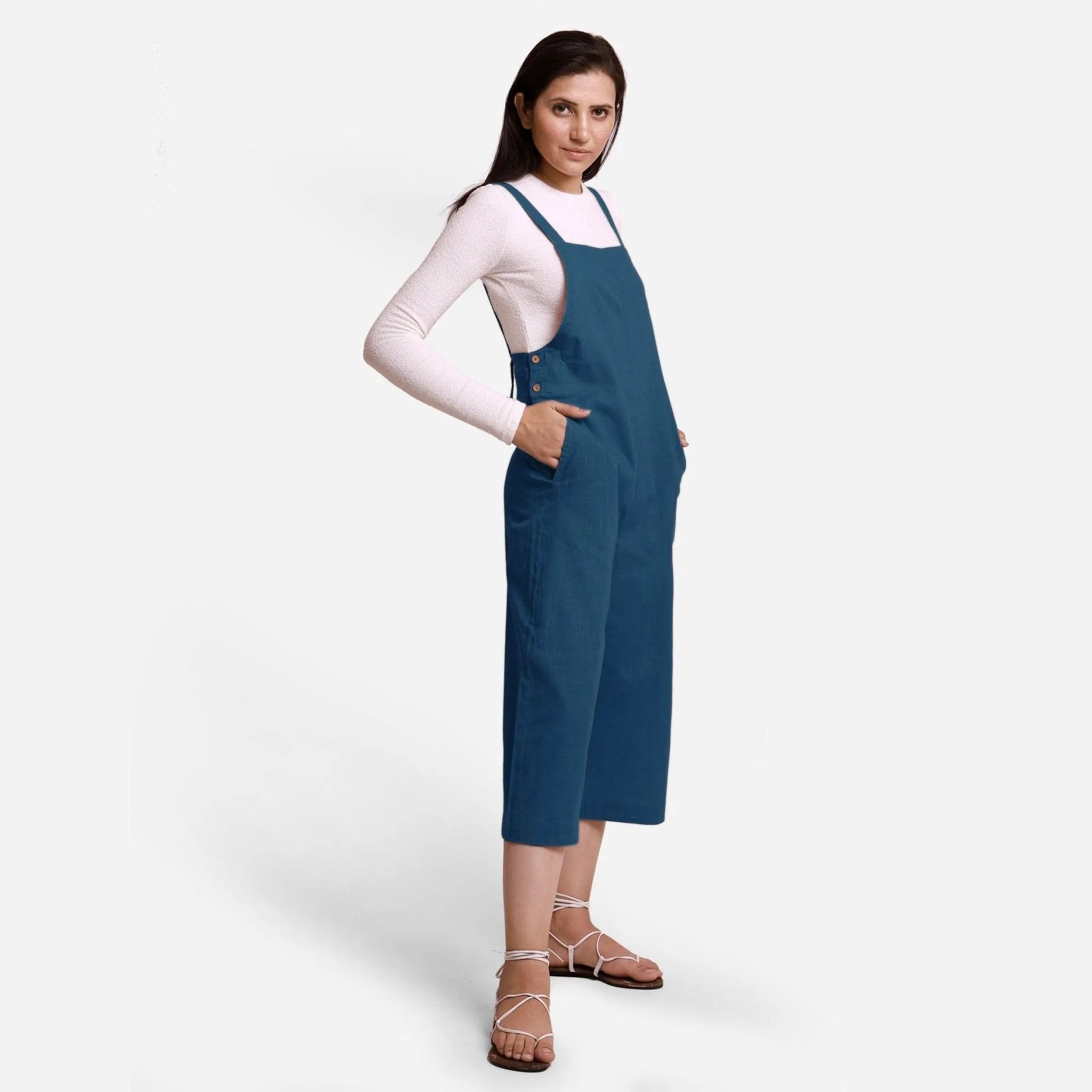 Teal Cotton Pinafore Midi Dungaree Jumpsuit