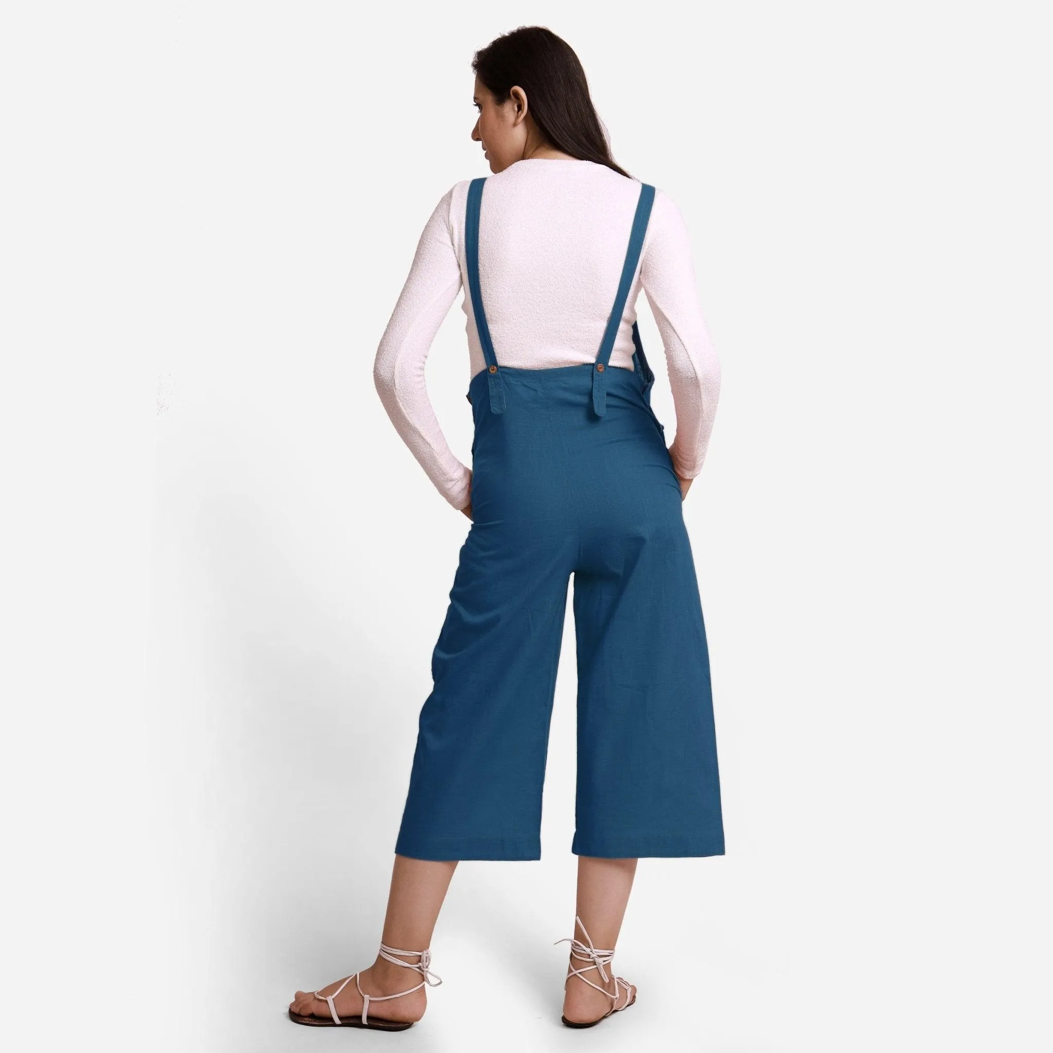 Teal Cotton Pinafore Midi Dungaree Jumpsuit