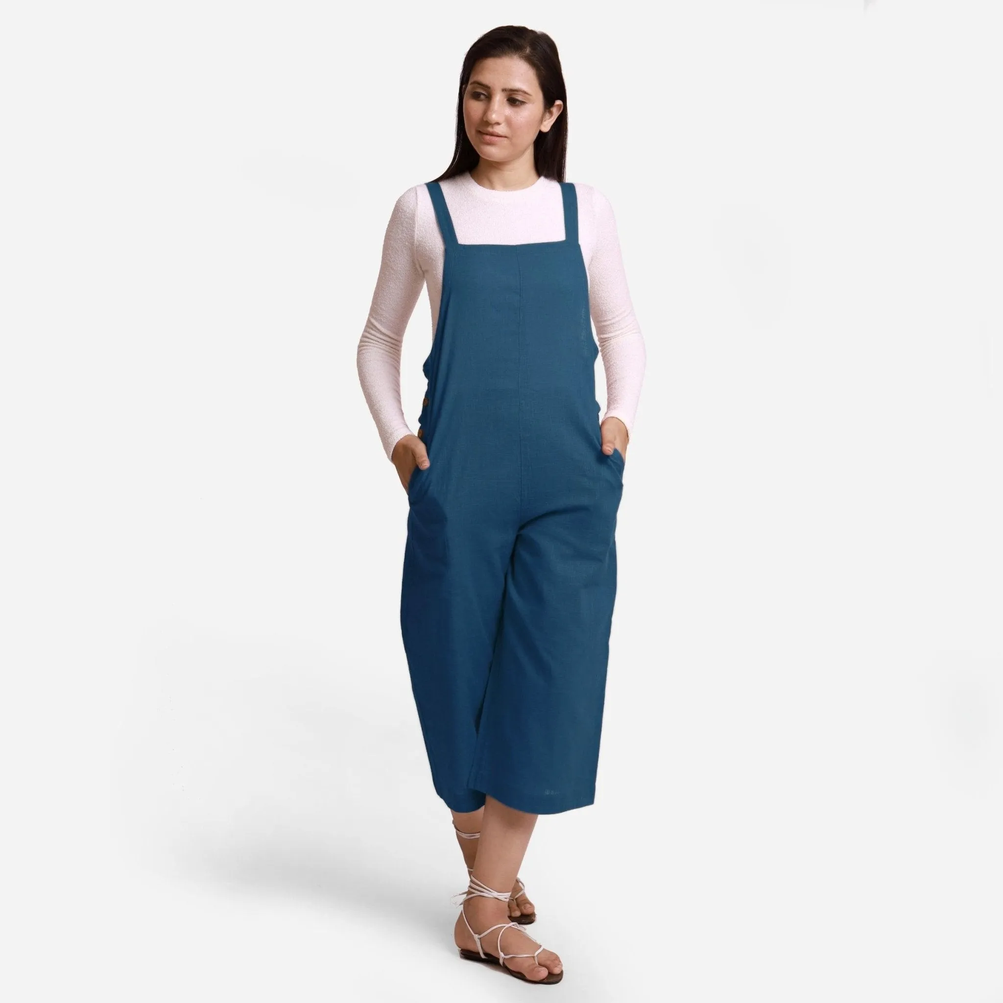 Teal Cotton Pinafore Midi Dungaree Jumpsuit