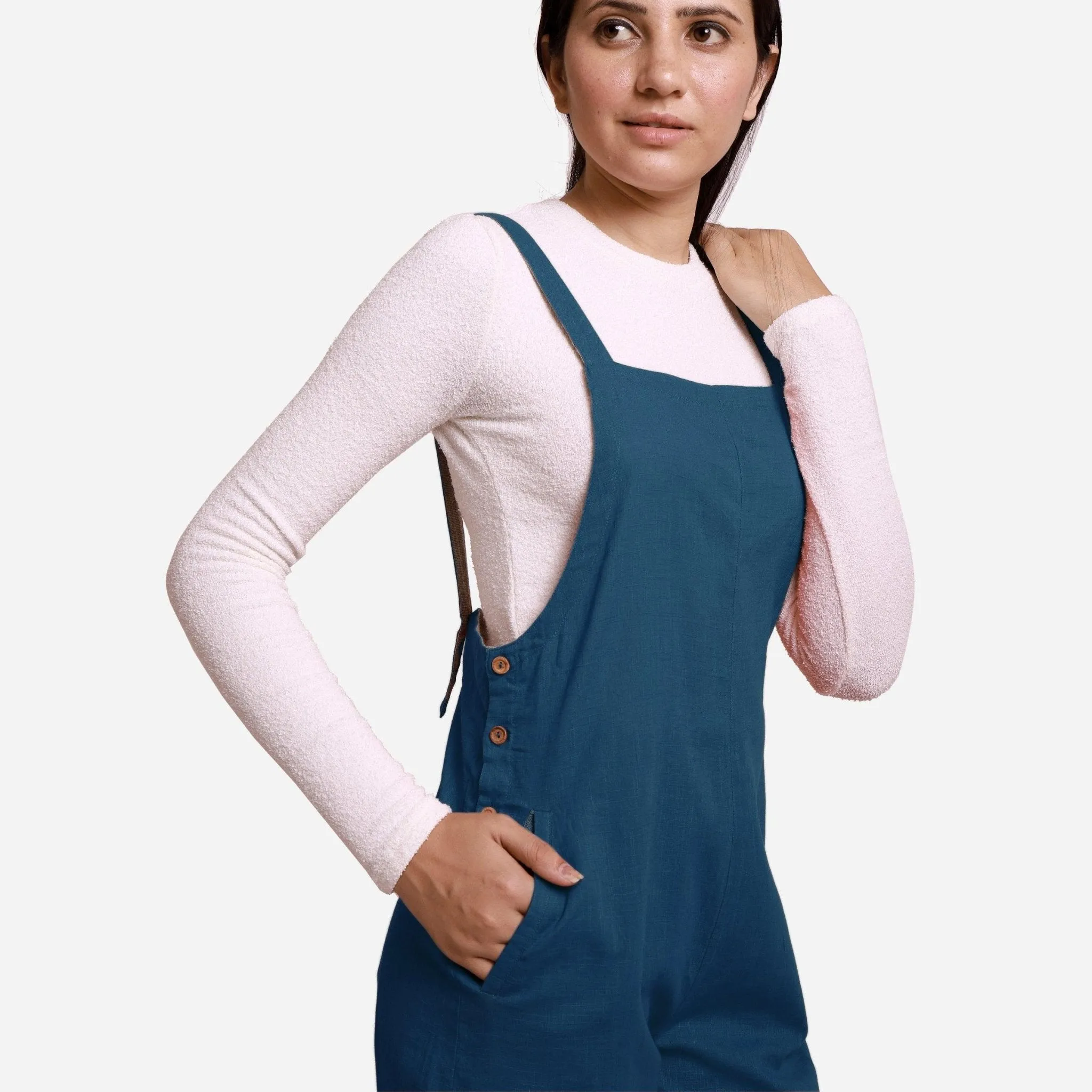 Teal Cotton Pinafore Midi Dungaree Jumpsuit