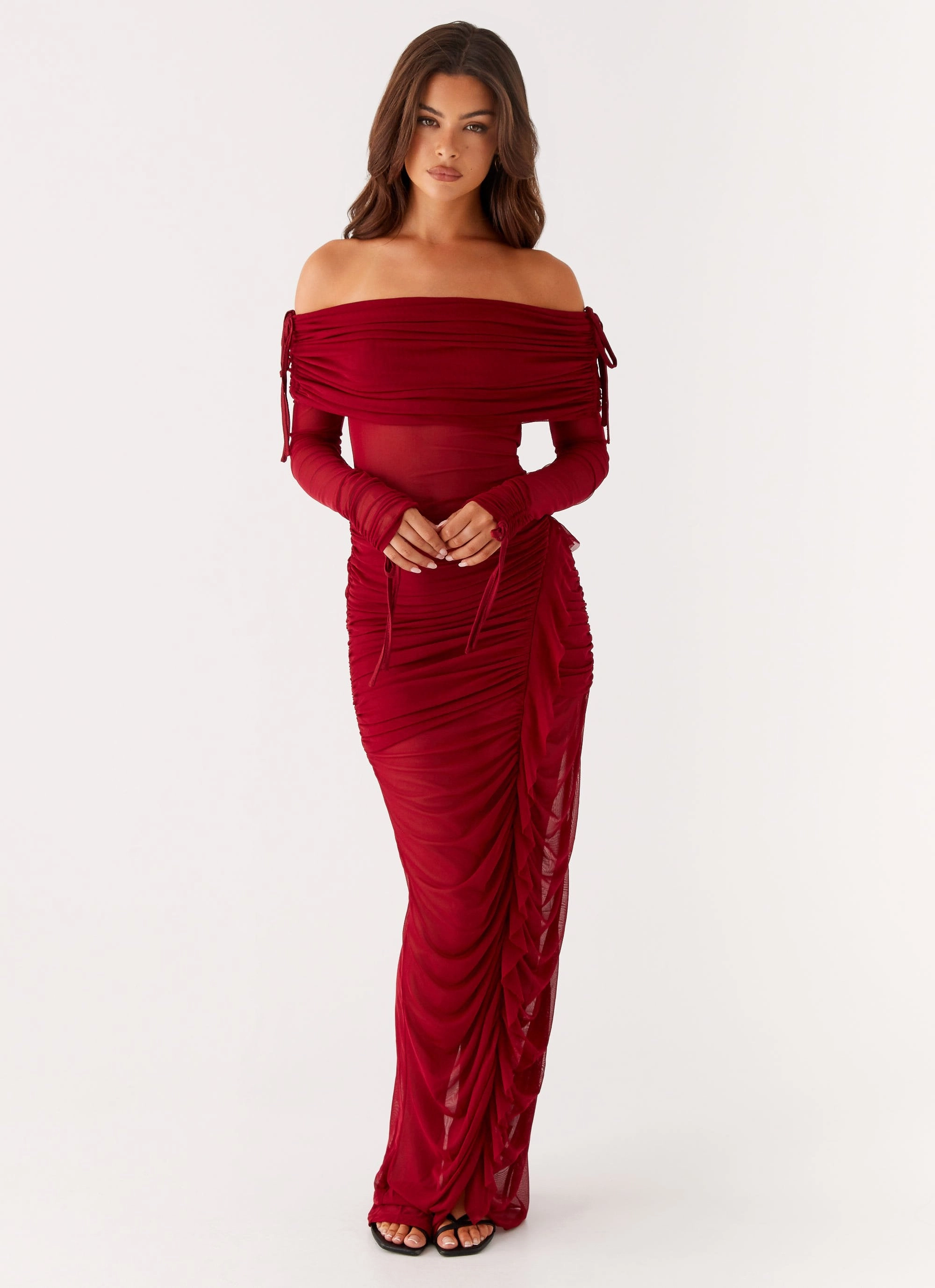 Mini-Length Outdoor Scene Teala Mesh Maxi Dress - Red