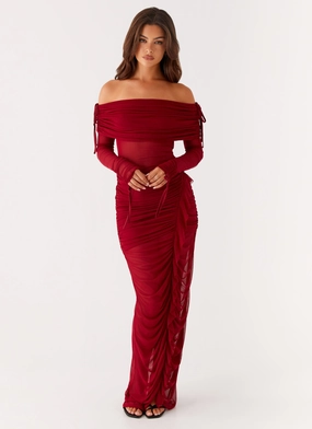 Mini-Length Outdoor Scene Teala Mesh Maxi Dress - Red