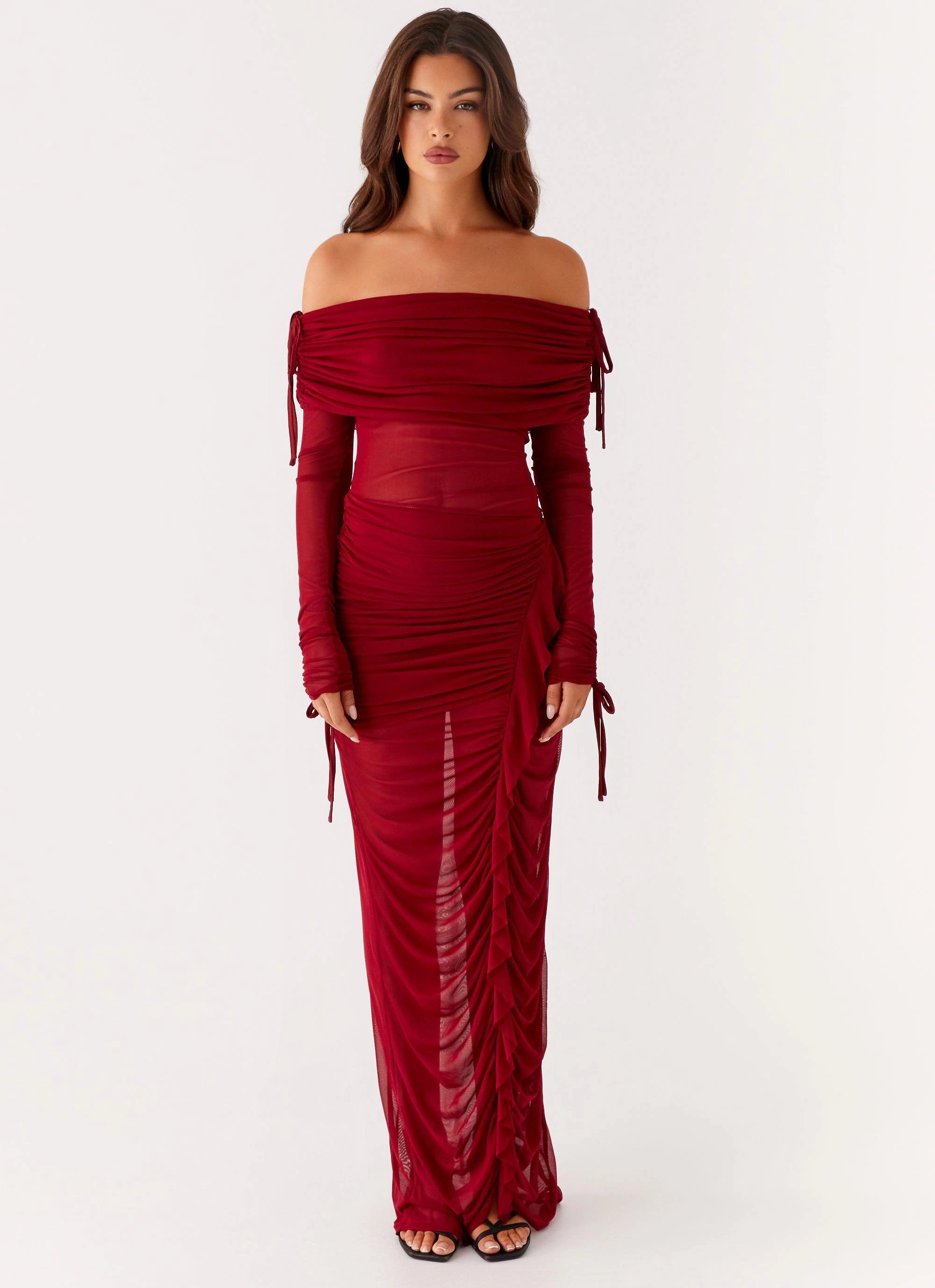Gathered-Detail Ready Anytime Teala Mesh Maxi Dress - Red