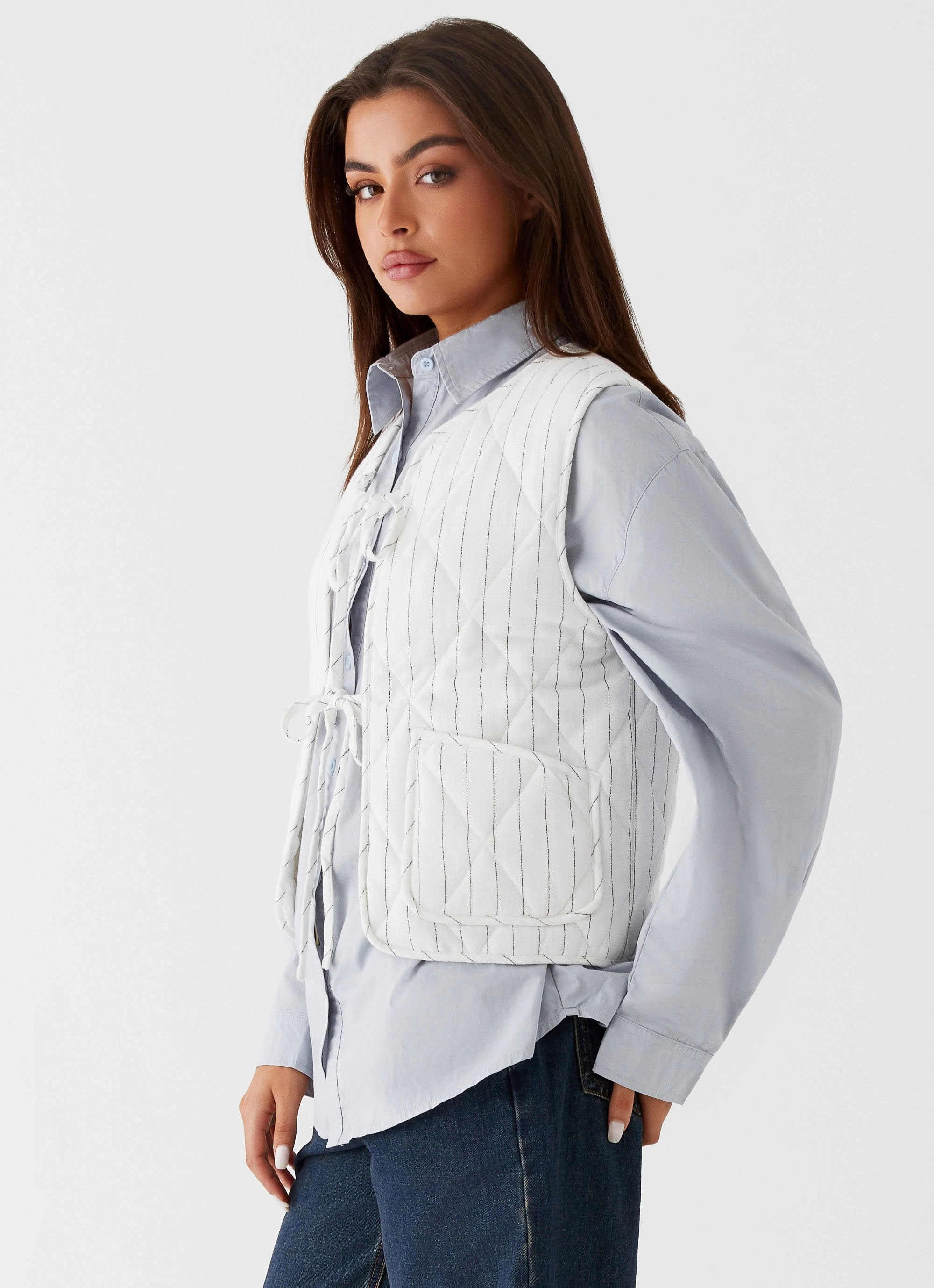 Comfortable clothing NoSlipGripperBand Celini Quilted Vest - White Pinstripe