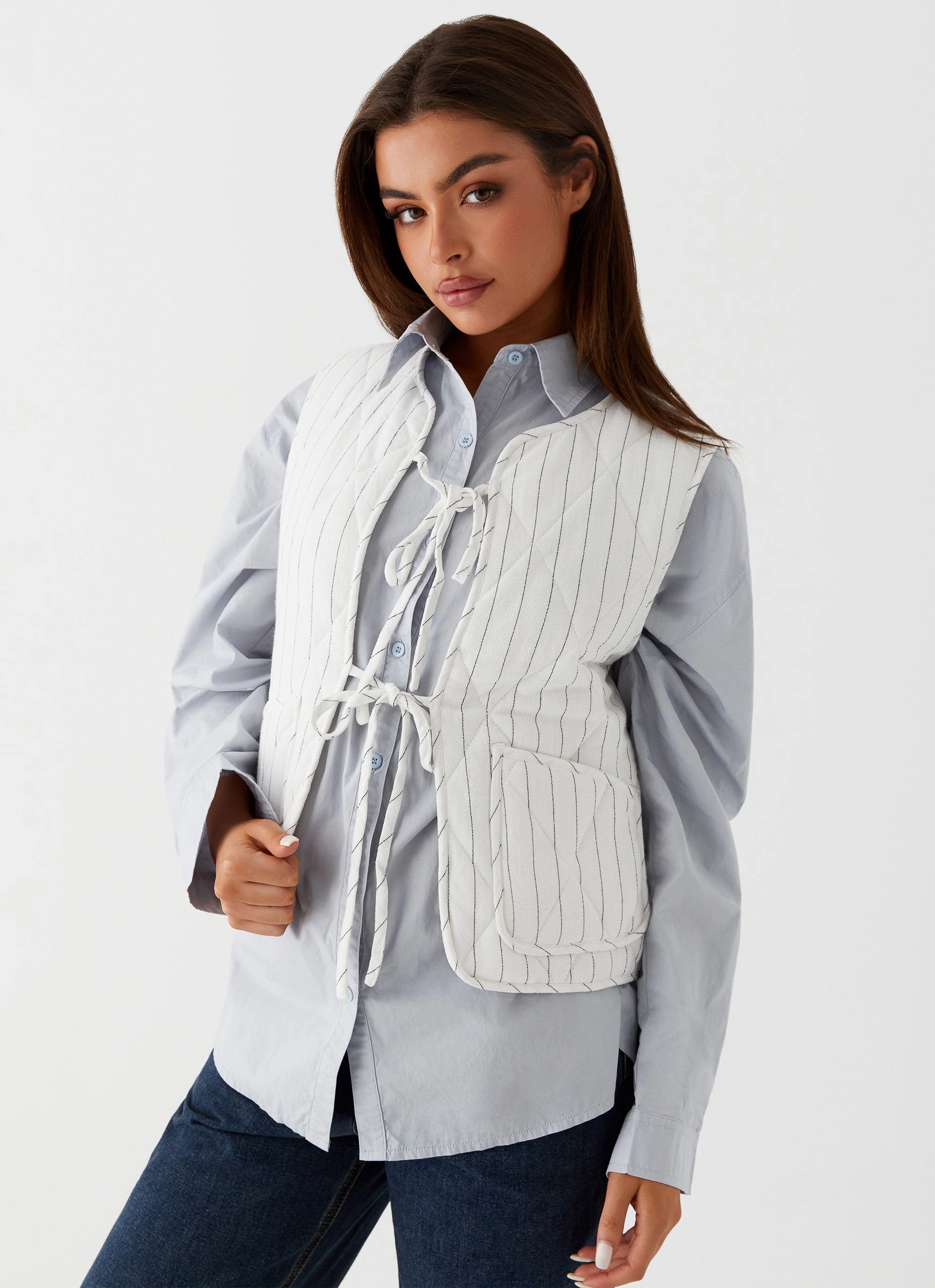 Convertible Neckline Celini Quilted Vest - White Pinstripe