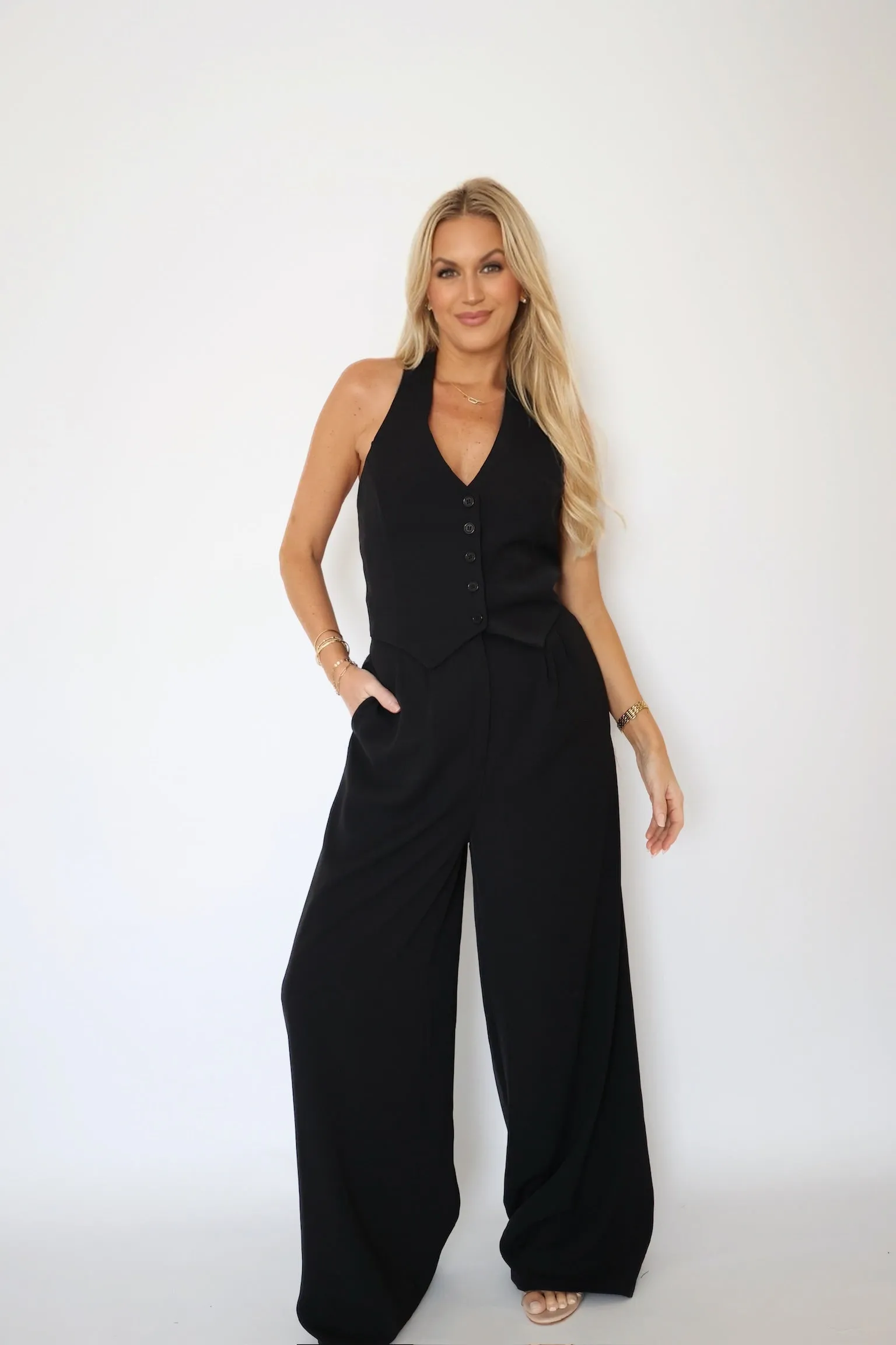Halston Jumpsuit Convertible Collar Style Compression Layer