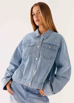 EasyClean Coating Stand Collar Back Again Oversized Denim Jacket - Light Wash Blue