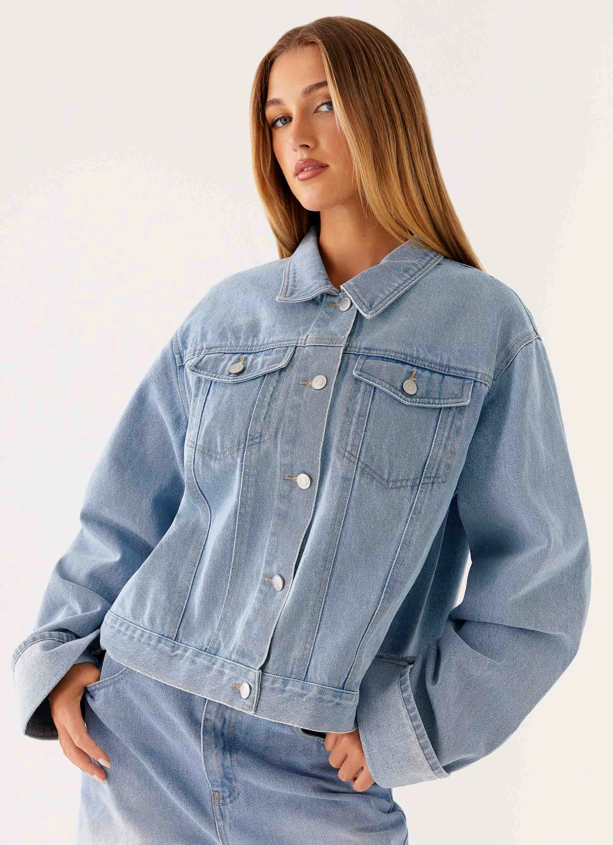 EasyClean Coating Stand Collar Back Again Oversized Denim Jacket - Light Wash Blue