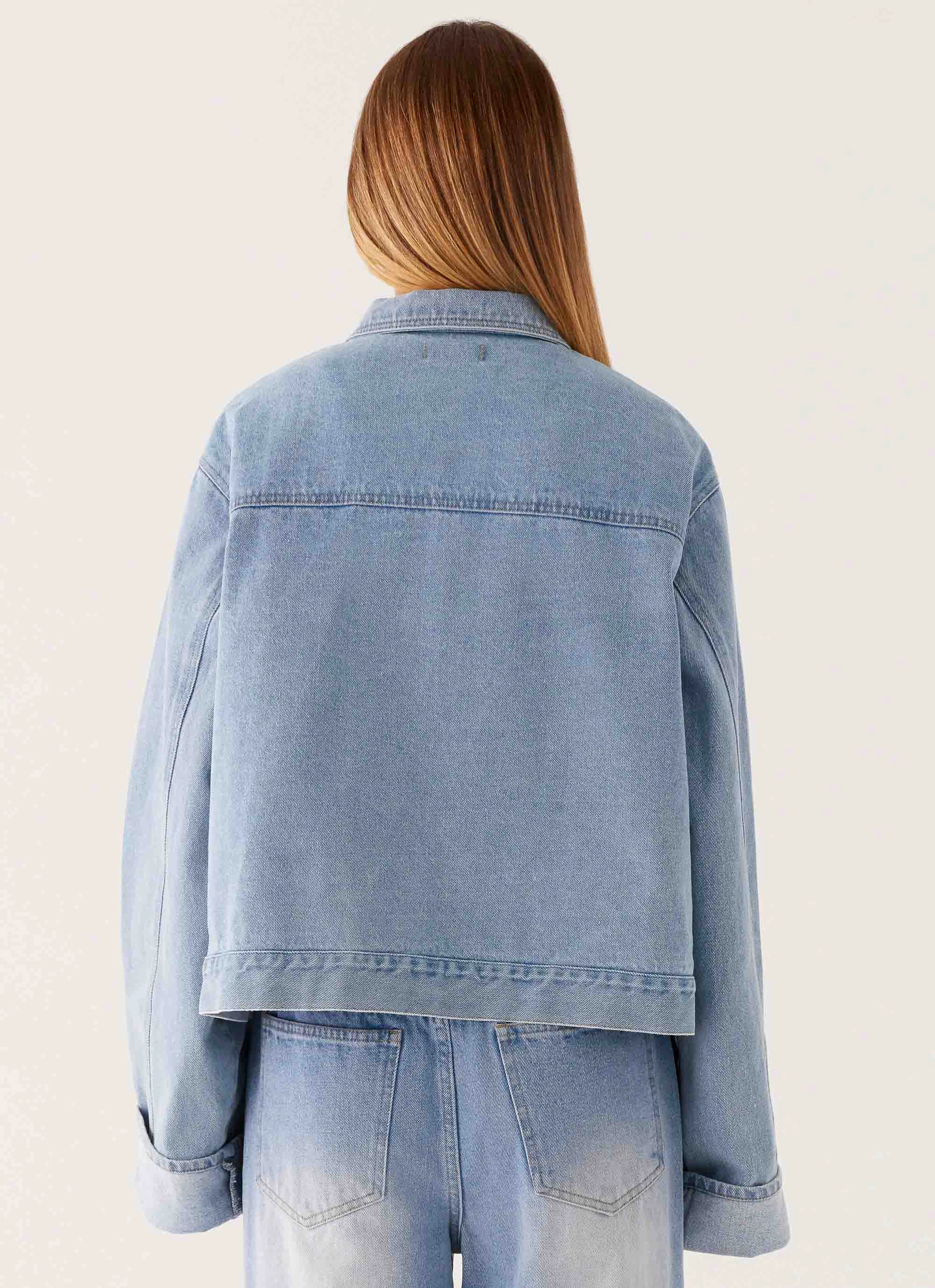 Back Again Oversized Denim Jacket - Light Wash Blue Non Bulky Insulation Tech AdjustableHem