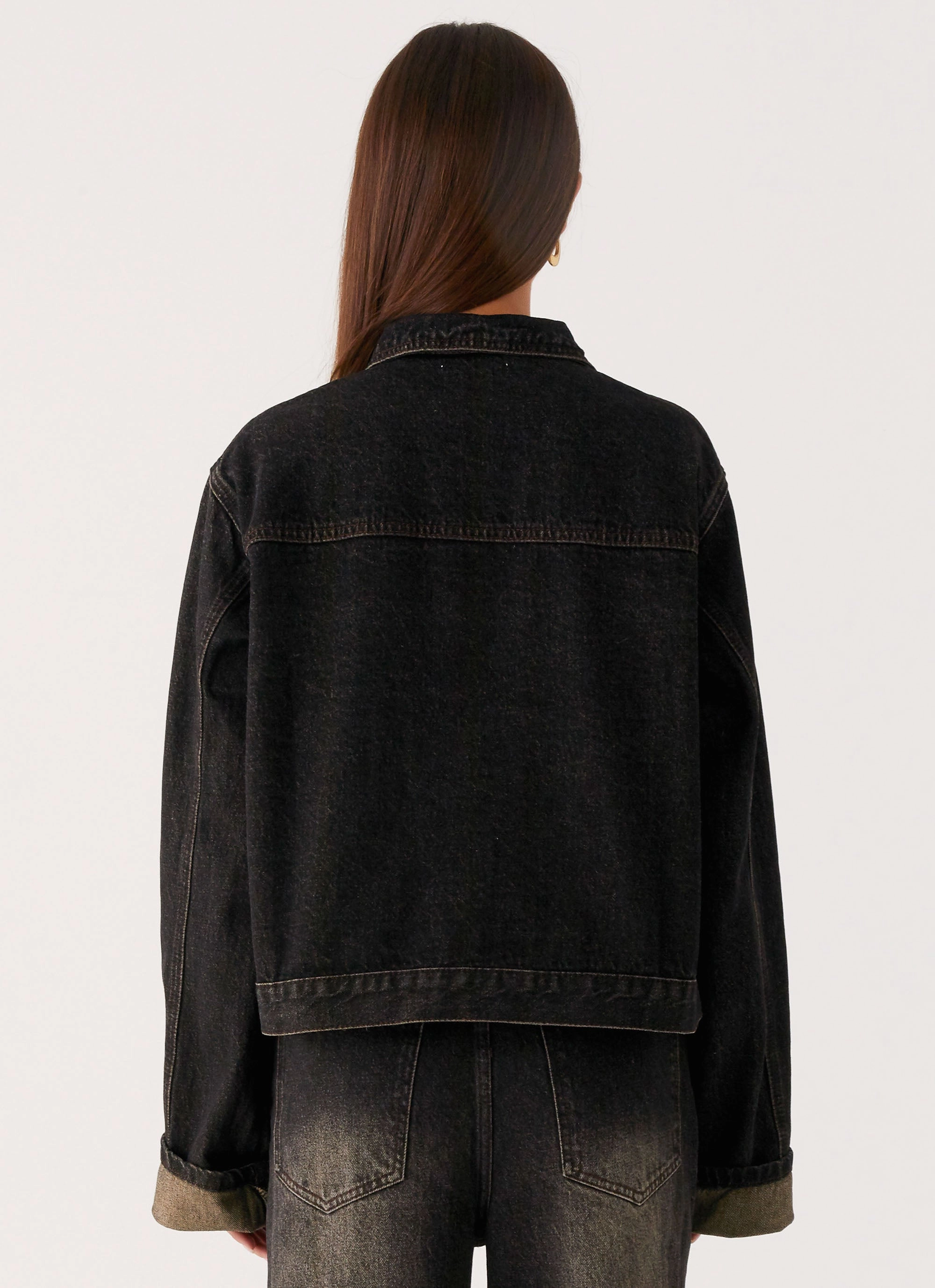 Back Again Oversized Denim Jacket - Acid Charcoal Aramid Fiber Blend Elastic Cuff Adjustment