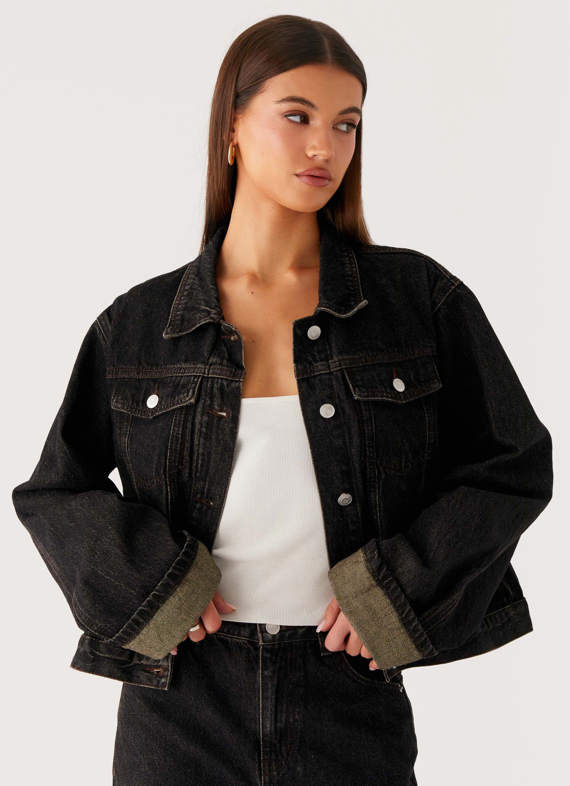 Back Again Oversized Denim Jacket - Acid Charcoal BreathableLining TapedSeamConstruction