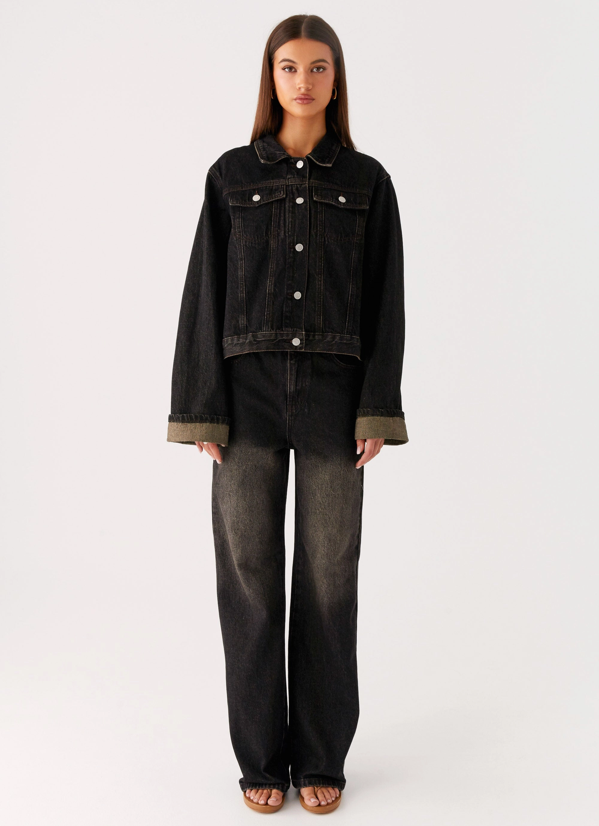 Back Again Oversized Denim Jacket - Acid Charcoal Clean Fit Design