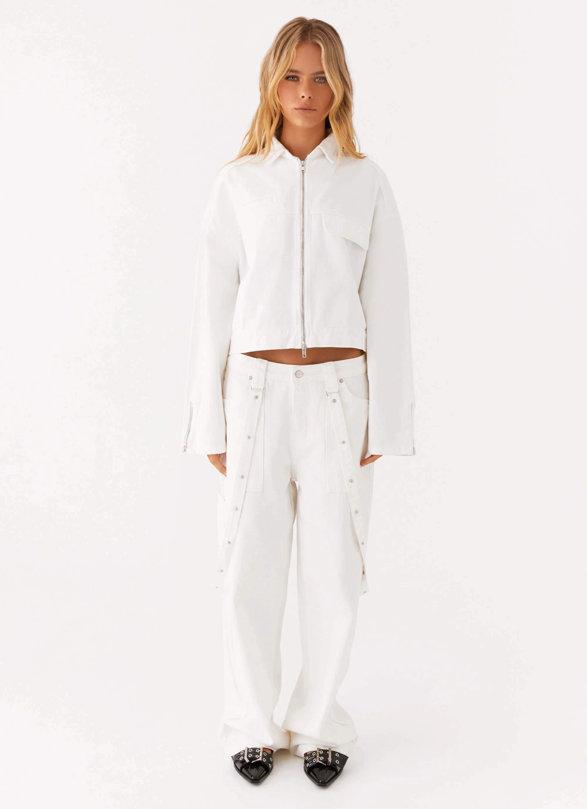 Stormy Oversized Denim Jacket - White Anti Pilling Finish Asymmetric Hemline