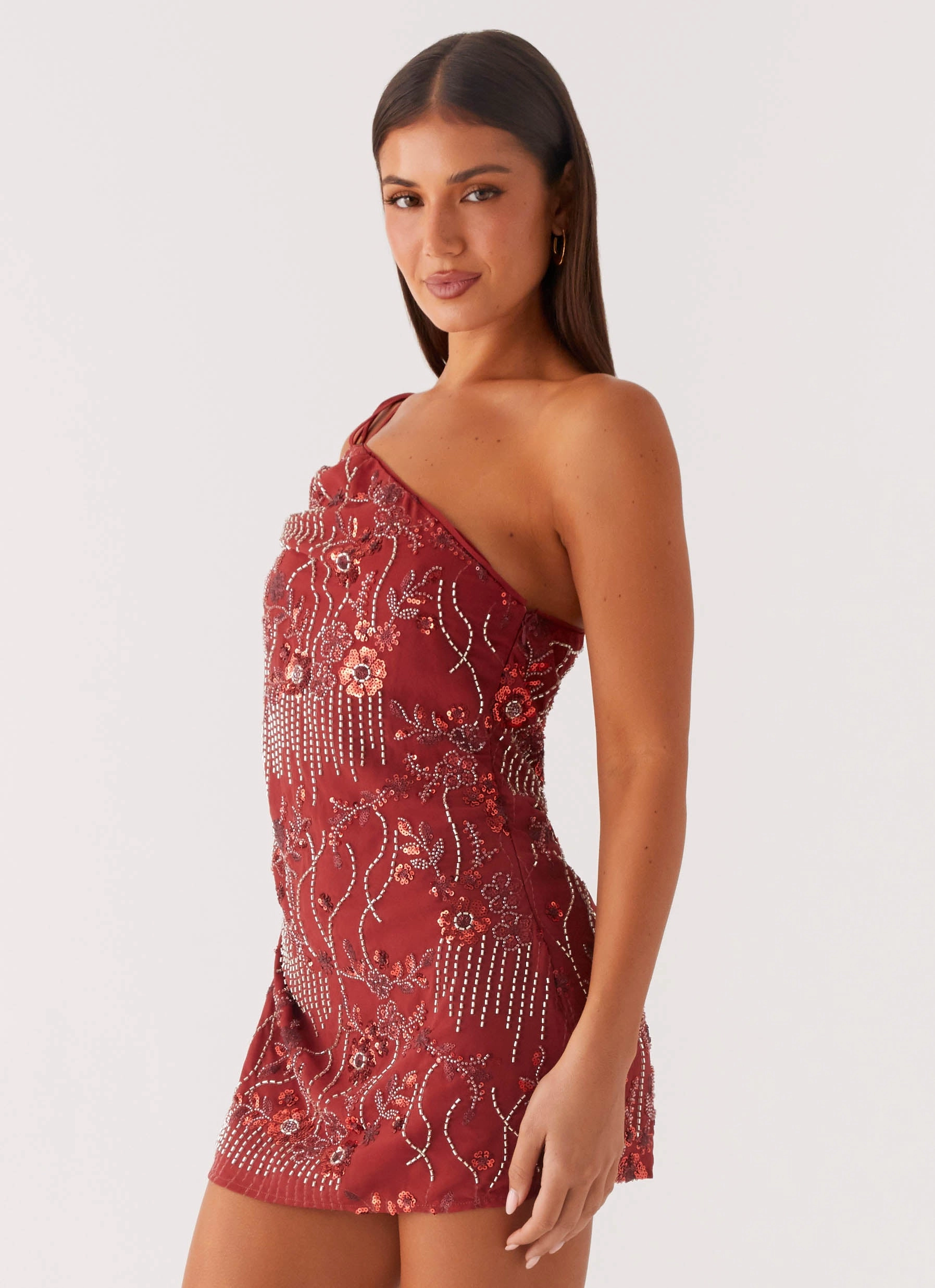 Flowy casual dress Temptational Beaded One Shoulder Mini Dress - Rust