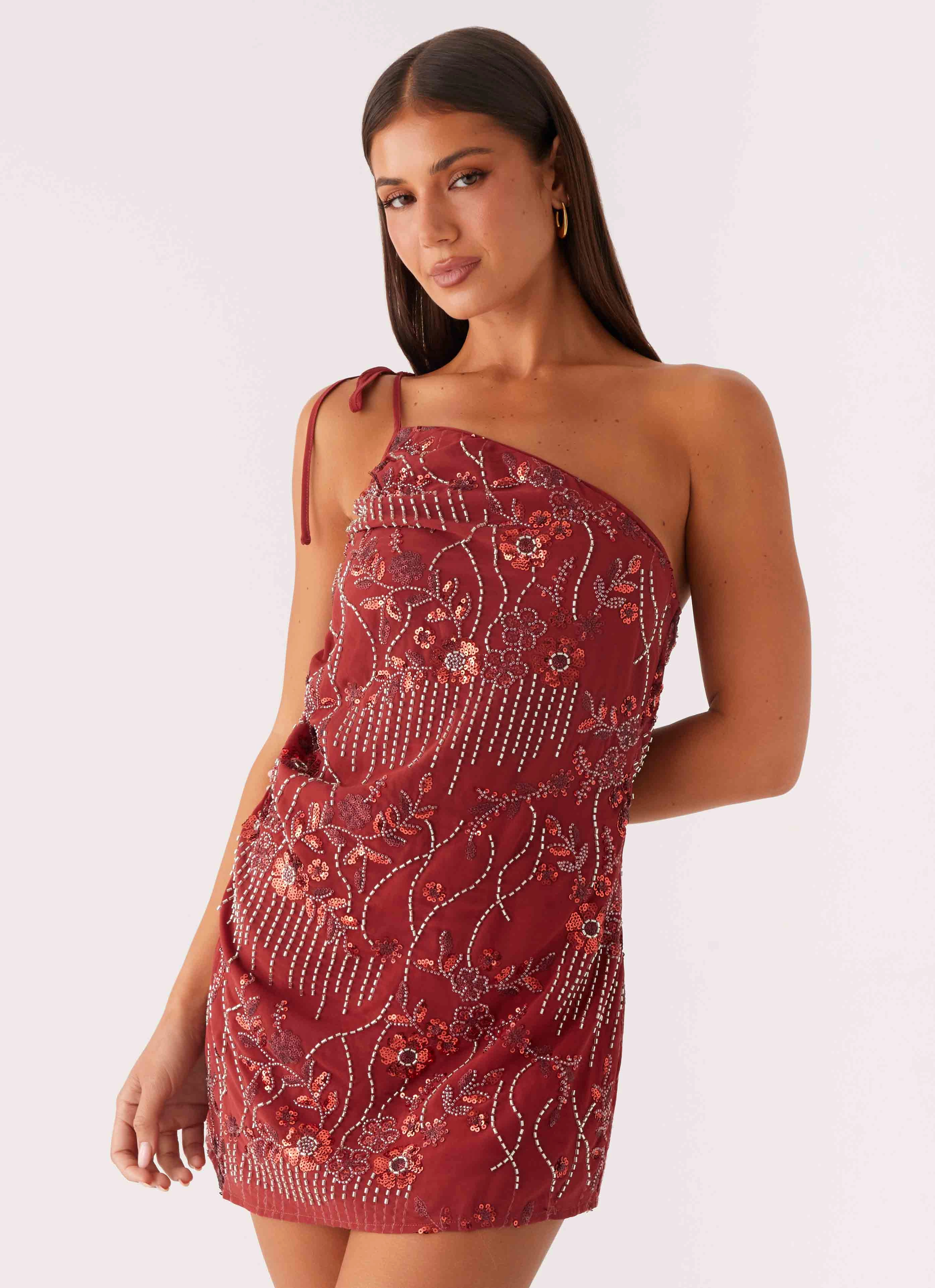 Temptational Beaded One Shoulder Mini Dress - Rust summer breeze Silky texture