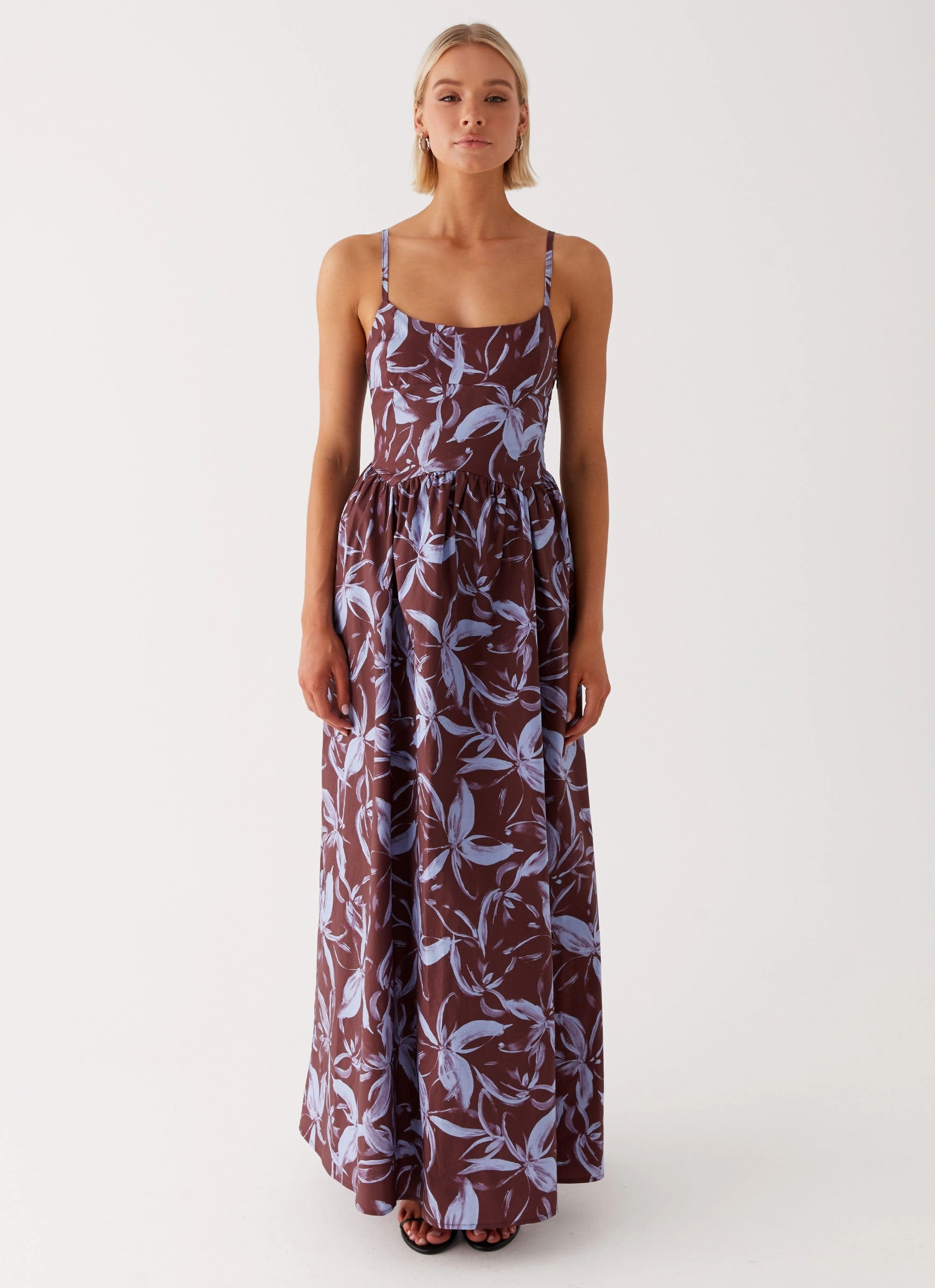 Tesoro Maxi Dress - Brown Purple Floral Trendy wrap gown