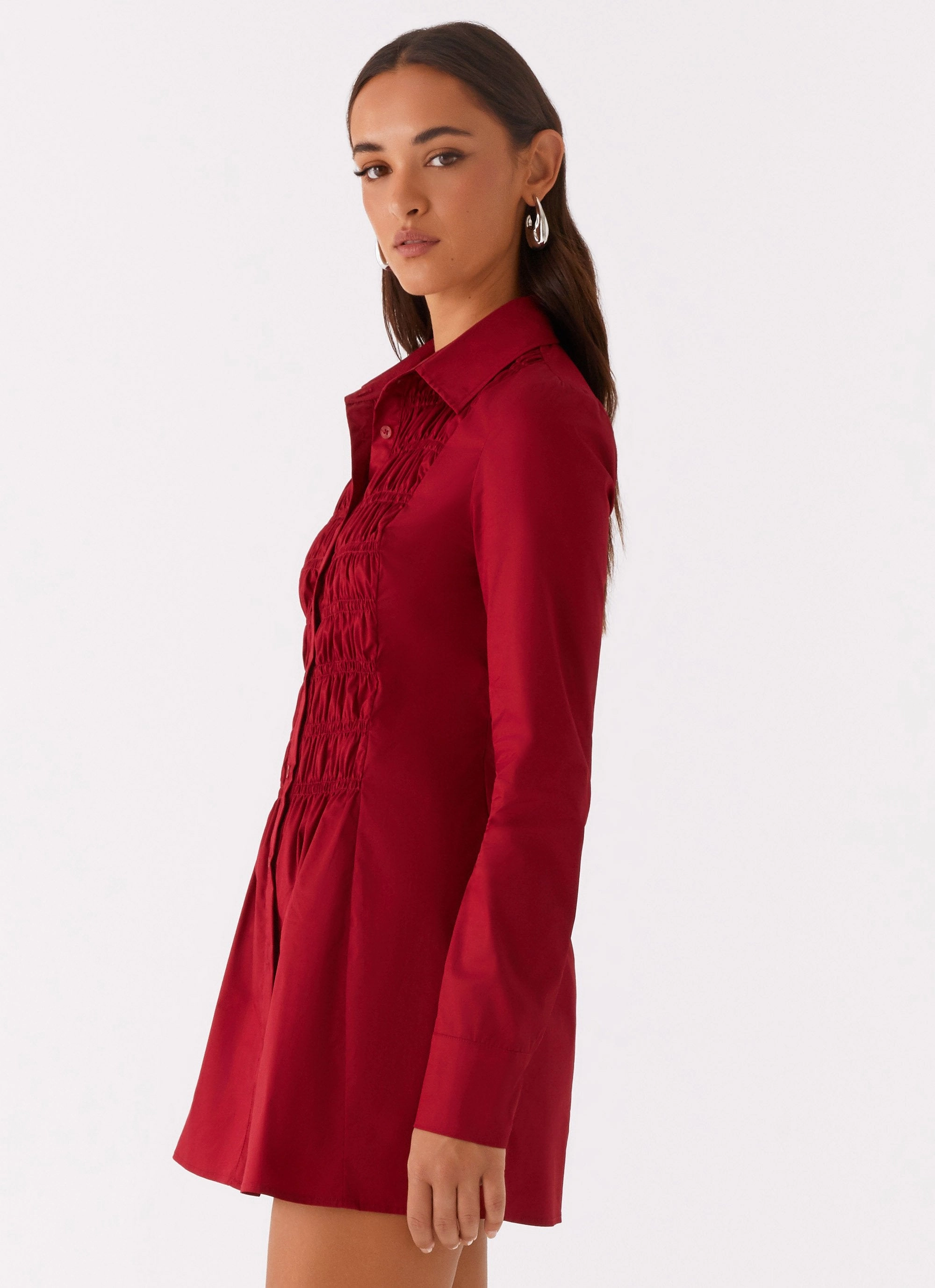 Tessie Shirred Shirt Dress - Rhubarb Day Outfit Vibrant Form