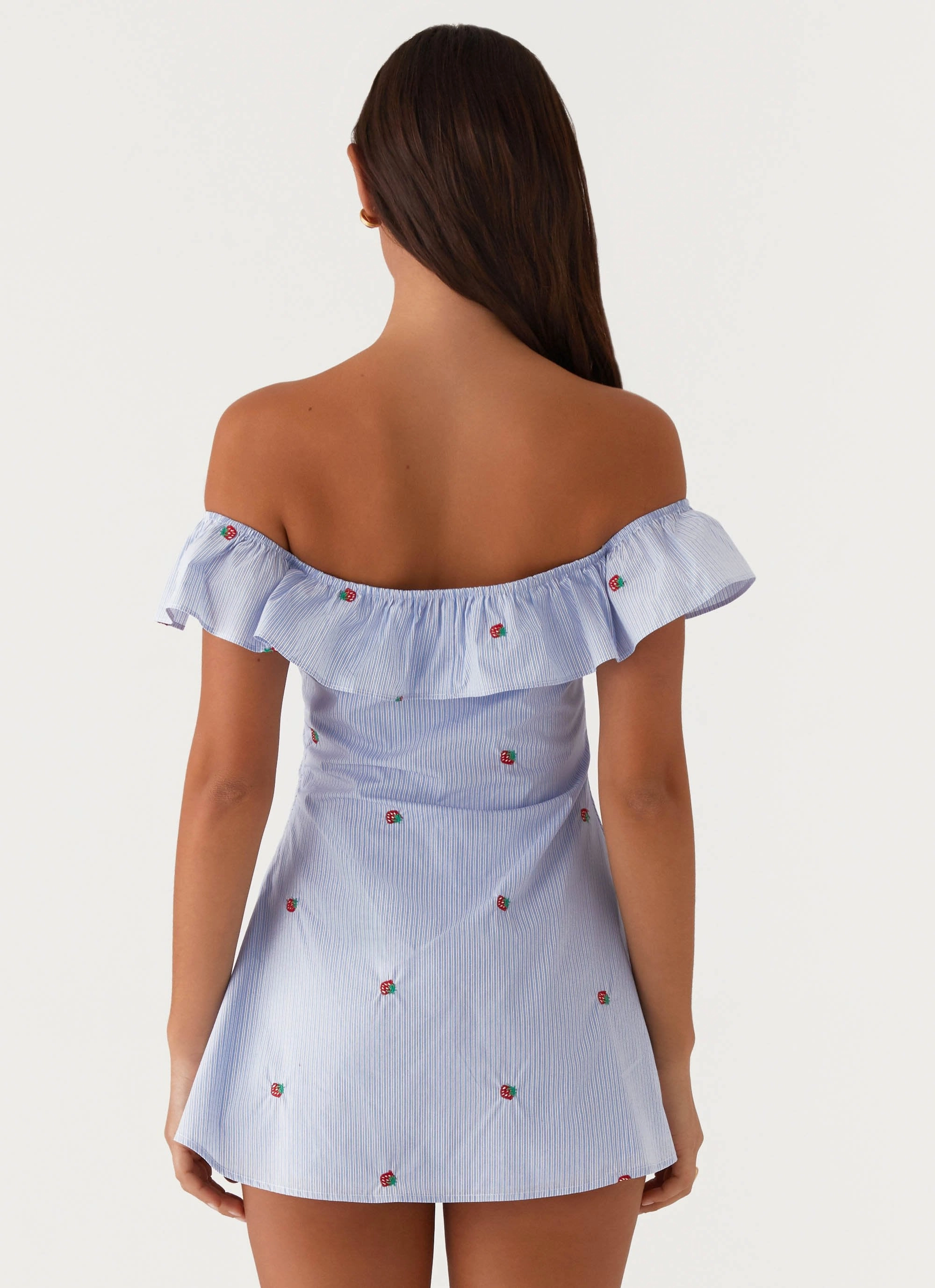 Texas Sun Linen Mini Dress - Blue cut out Feminine off-the-shoulder gown