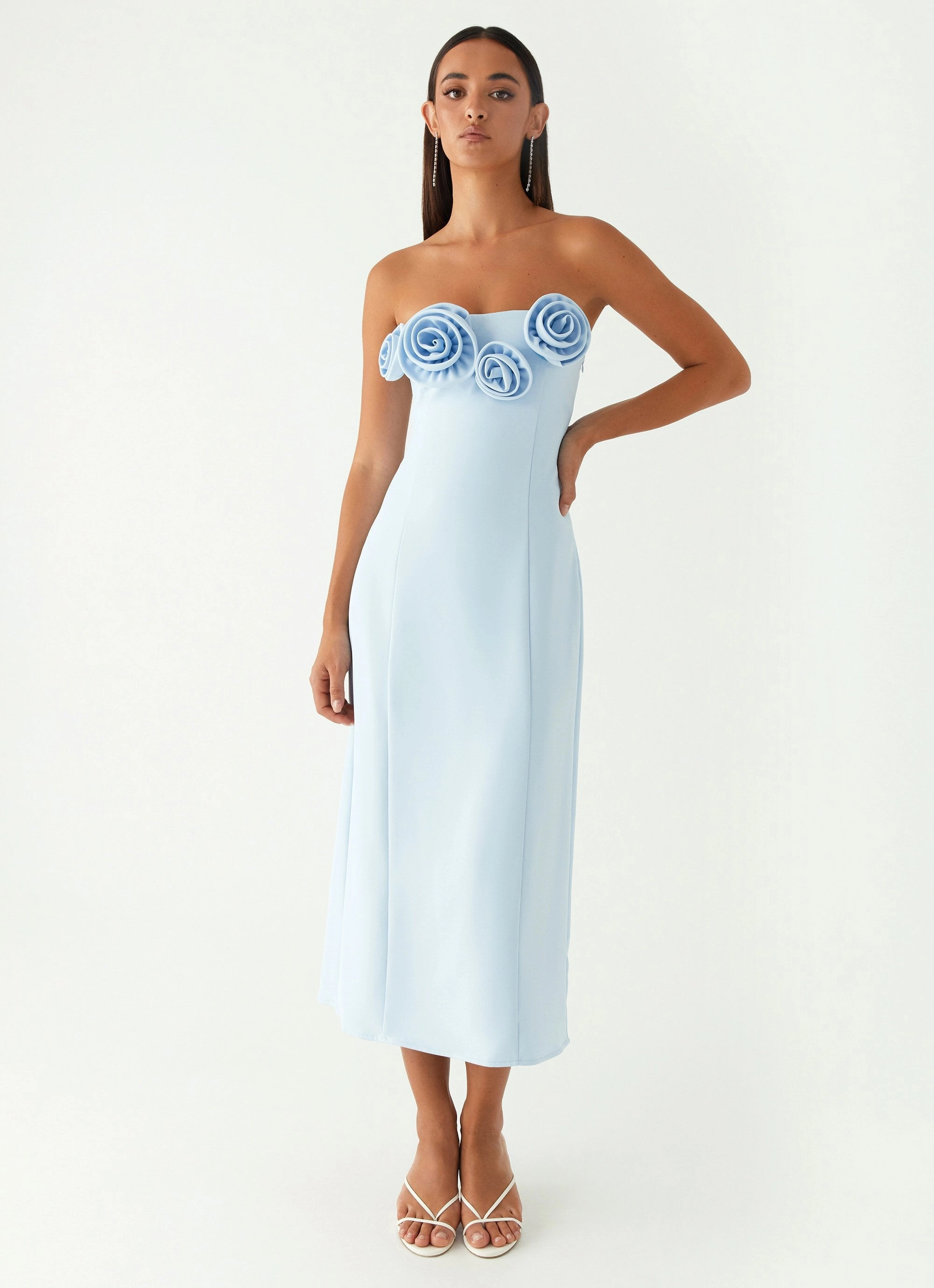 Patsie Strapless Midi Dress - Blue Relaxed Waist Contrasting Detail